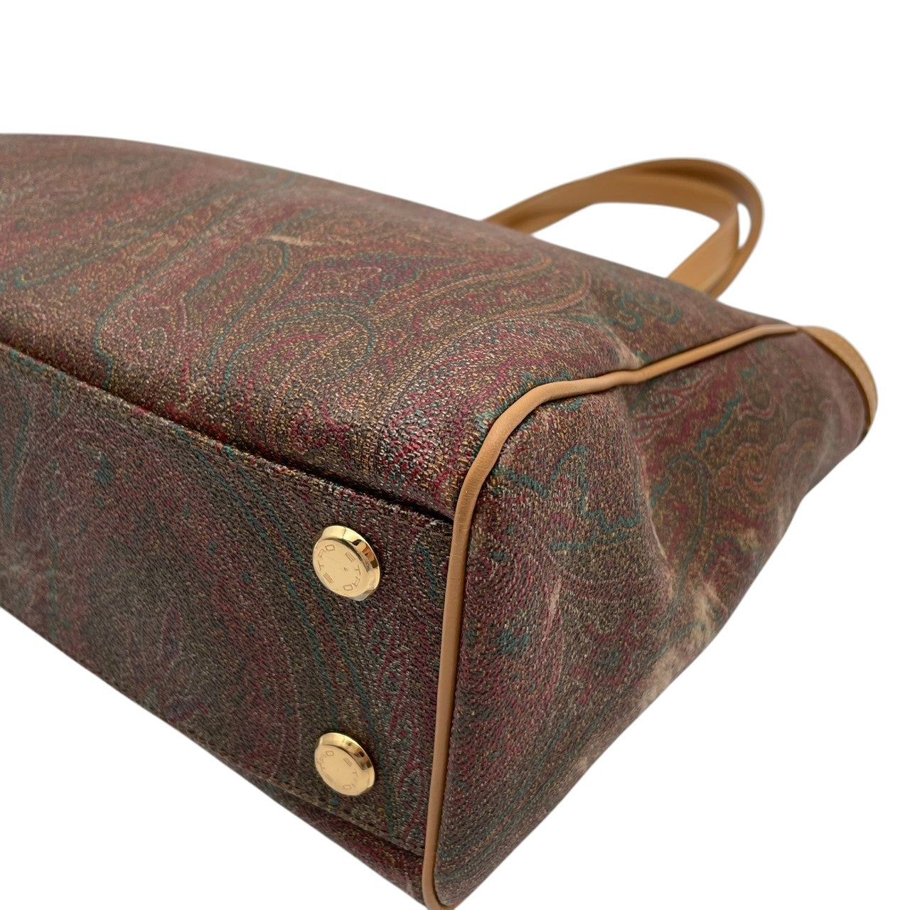 ETRO エトロ バッグ ペイズリー柄 トートバッグ ハンドバッグ 手提げ 肩掛け PVCコーティングキャンバス レザー ライトブラウン ブラウン マルチカラー ゴールド金具 ロゴ金具 A4収納 エレガント クラシック ヴィンテージ イタリア製 レディース S32