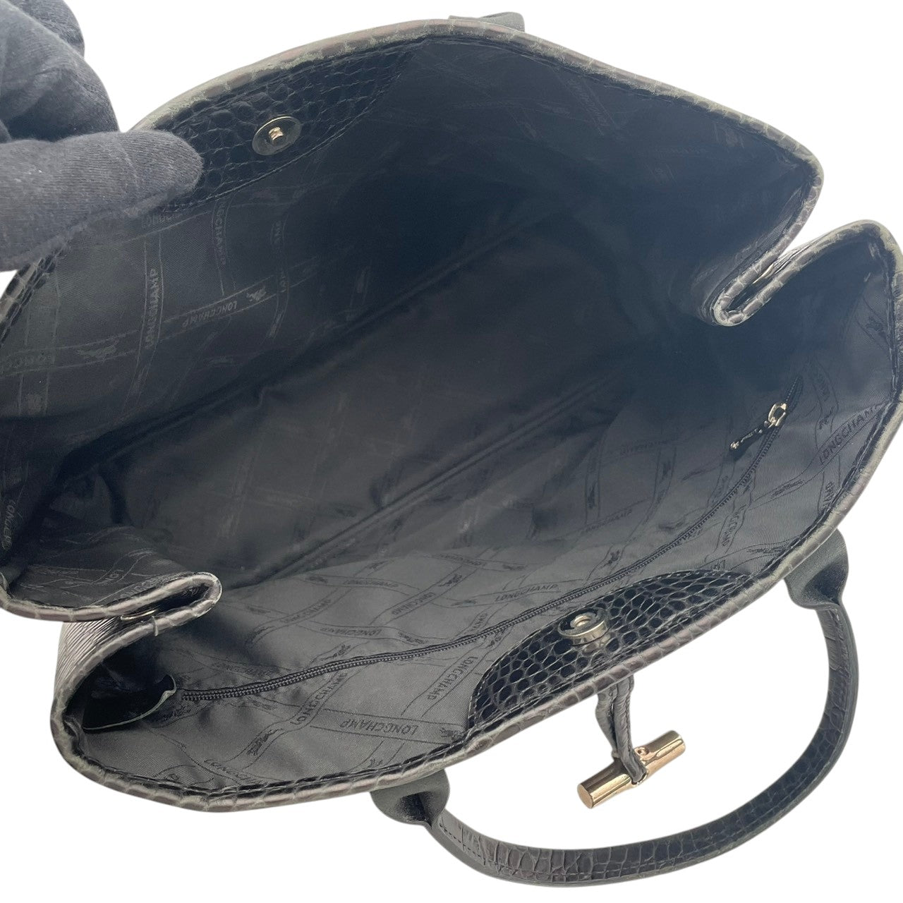 LONGCHAMP ロンシャン バッグ ロゾ ハンドバッグ トートバッグ 手提げ レザー クロコ型押し ブラック 黒 シルバー金具 トグル A4収納 ビジネス 通勤 通学 エレガント クラシック スタイリッシュ 上品 レディース 定番 人気 鞄 S32
