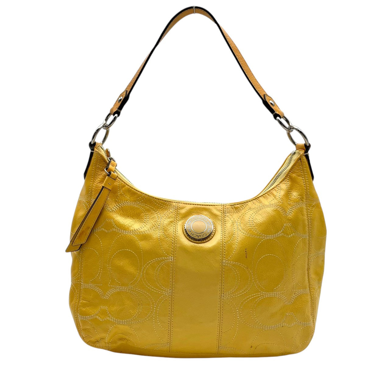 COACH コーチ バッグ シグネチャー エナメル パッチワーク ホーボー ショルダーバッグ ワンショルダー 肩掛け パテントレザー レザー 本革 イエロー 黄色 シルバー金具 エレガント スタイリッシュ カジュアル レディース 女性 定番 人気 鞄 F19282 S80