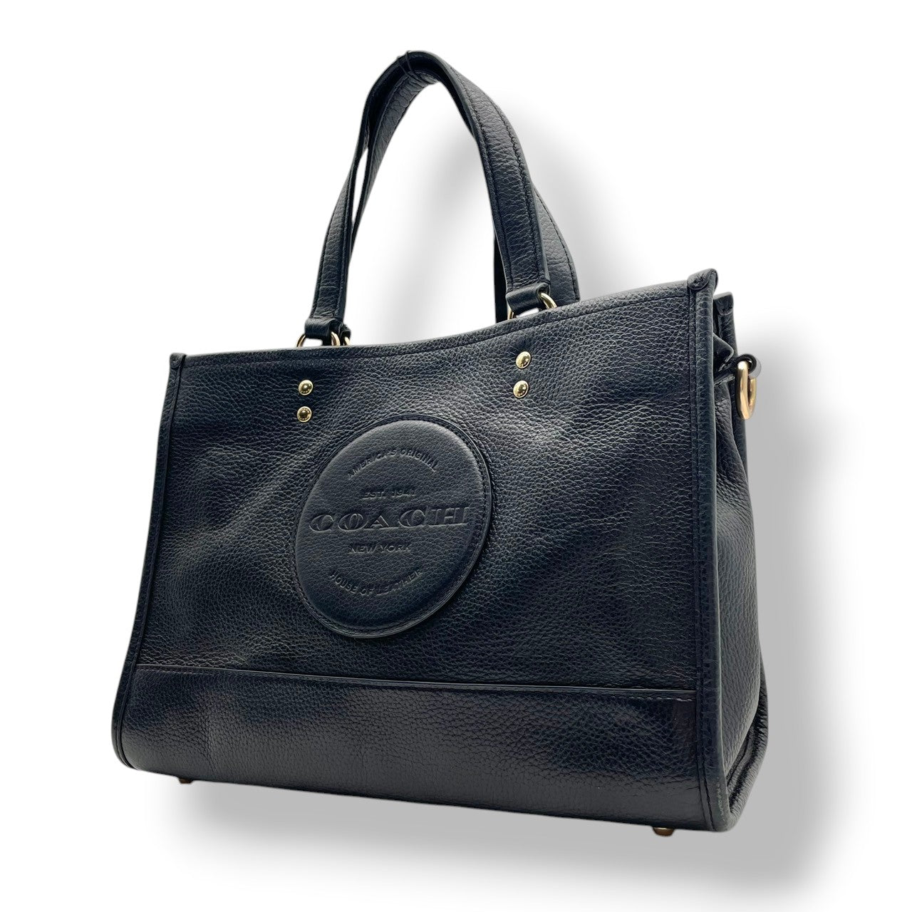 【美品】 COACH コーチ バッグ デンプシー キャリーオール ウィズ パッチ ハンドバッグ トートバッグ 手提げ 本革 レザー ブラック 黒 ゴールド金具 ロゴパッチ エレガント スタイリッシュ 通勤 レディース 人気 定番 鞄 C2004 S80