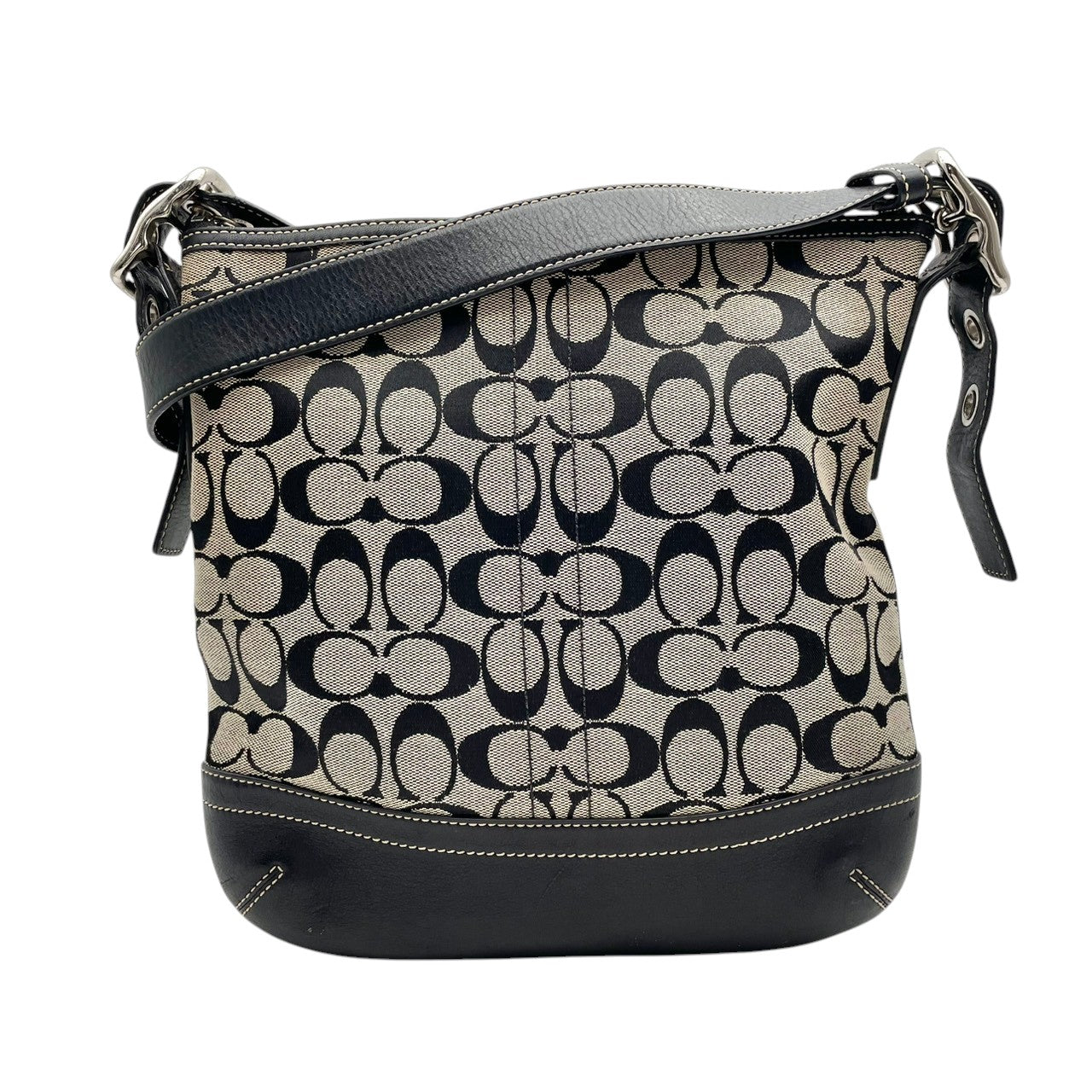 【美品】 COACH コーチ バッグ シグネチャー ダッフル ショルダーバッグ 斜め掛け 肩掛け キャンバス レザー 本革 グレー ブラック 黒 シルバー金具 エレガント クラシック カジュアル レディース 女性 定番 人気 鞄 9362 S90