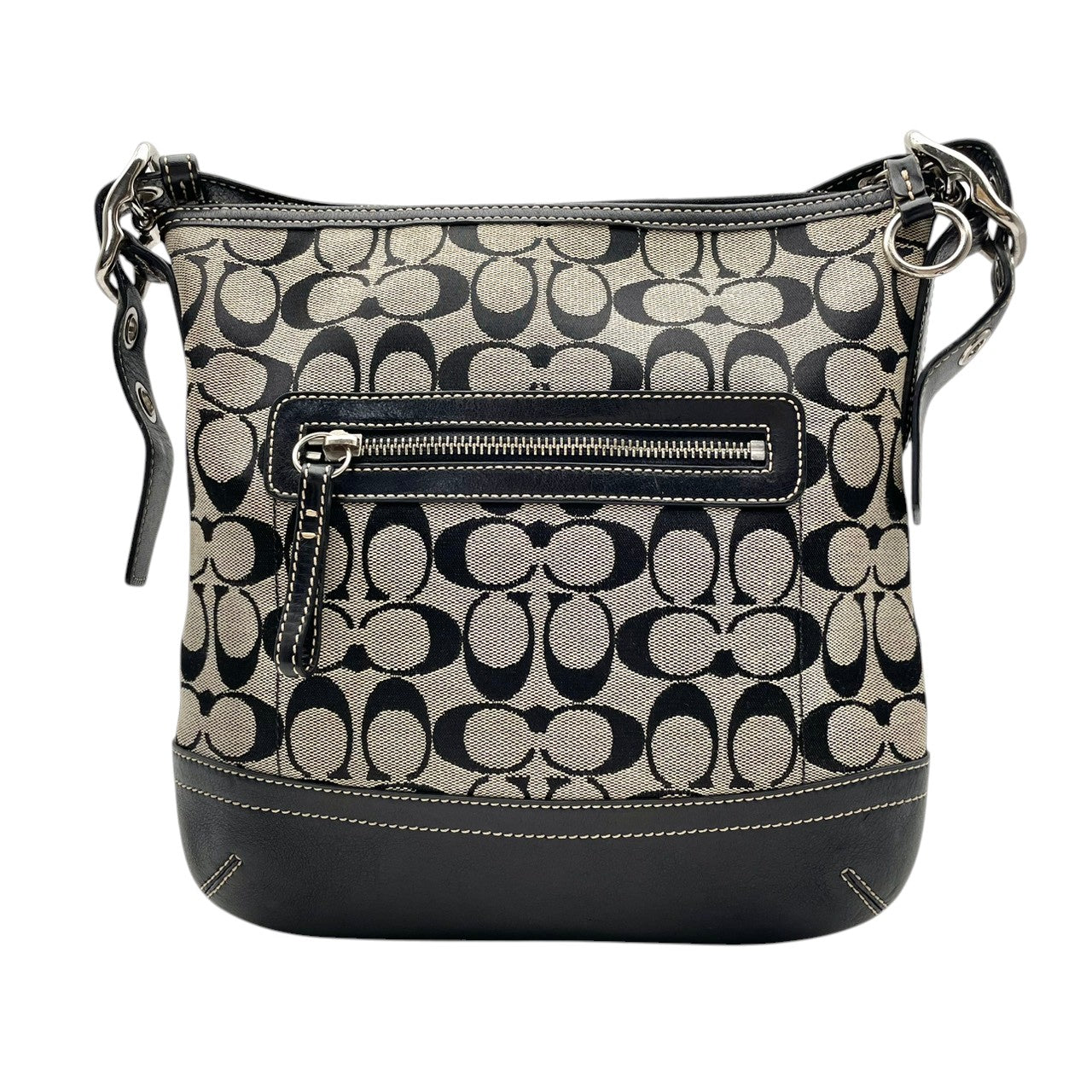 【美品】 COACH コーチ バッグ シグネチャー ダッフル ショルダーバッグ 斜め掛け 肩掛け キャンバス レザー 本革 グレー ブラック 黒 シルバー金具 エレガント クラシック カジュアル レディース 女性 定番 人気 鞄 9362 S90