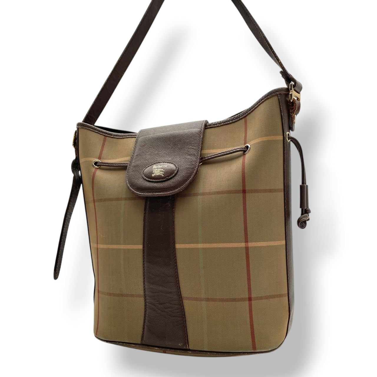 Burberry バーバリー バッグ バーバリーズ ノバチェック 巾着 ショルダーバッグ 斜め掛け 肩掛け キャンバス レザー ベージュ ブラウン 茶系 ゴールド金具 クラシック ヴィンテージ レディース 人気 定番 鞄 S90