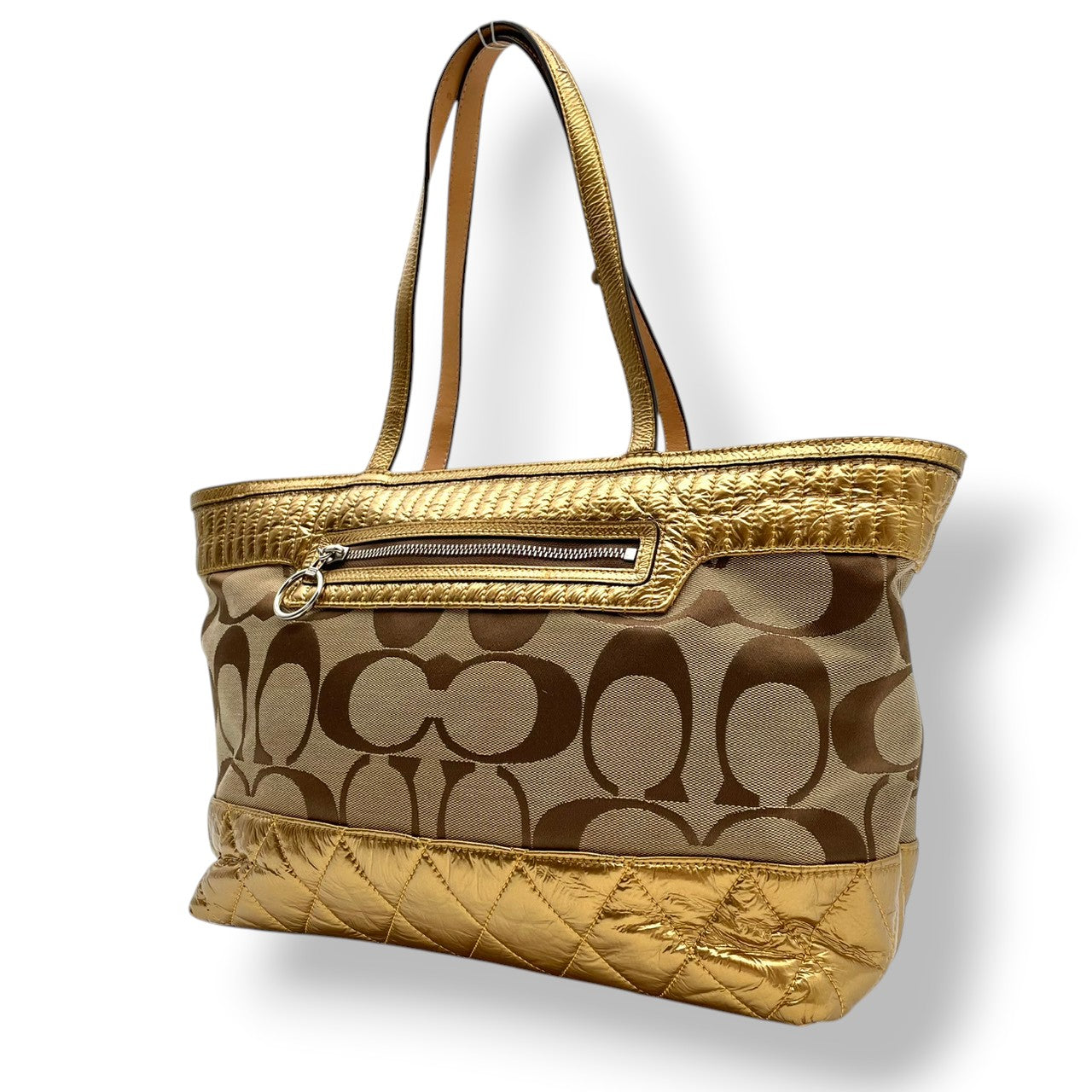 【美品】 COACH コーチ バッグ ポピー シグネチャー サテン ショルダー トートバッグ ハンドバッグ 手提げ キャンバス エナメル ベージュ ゴールド 金色 シルバー金具 カジュアル デイリー 通勤 通学 レディース 18676 S90