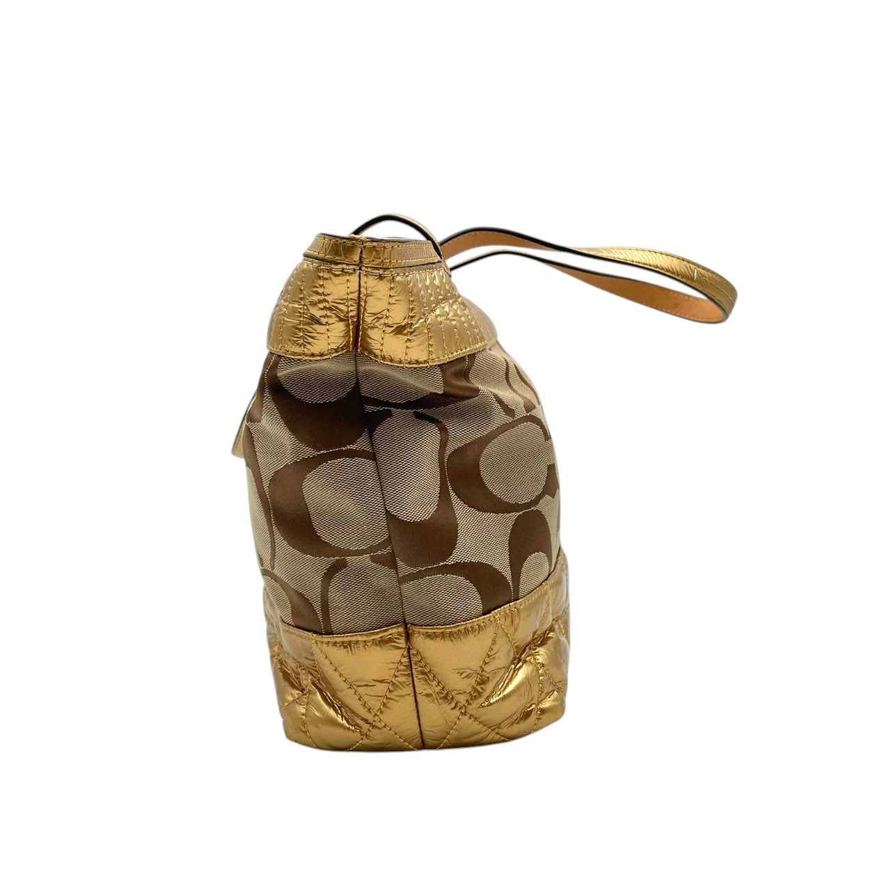 【美品】 COACH コーチ バッグ ポピー シグネチャー サテン ショルダー トートバッグ ハンドバッグ 手提げ キャンバス エナメル ベージュ ゴールド 金色 シルバー金具 カジュアル デイリー 通勤 通学 レディース 18676 S90