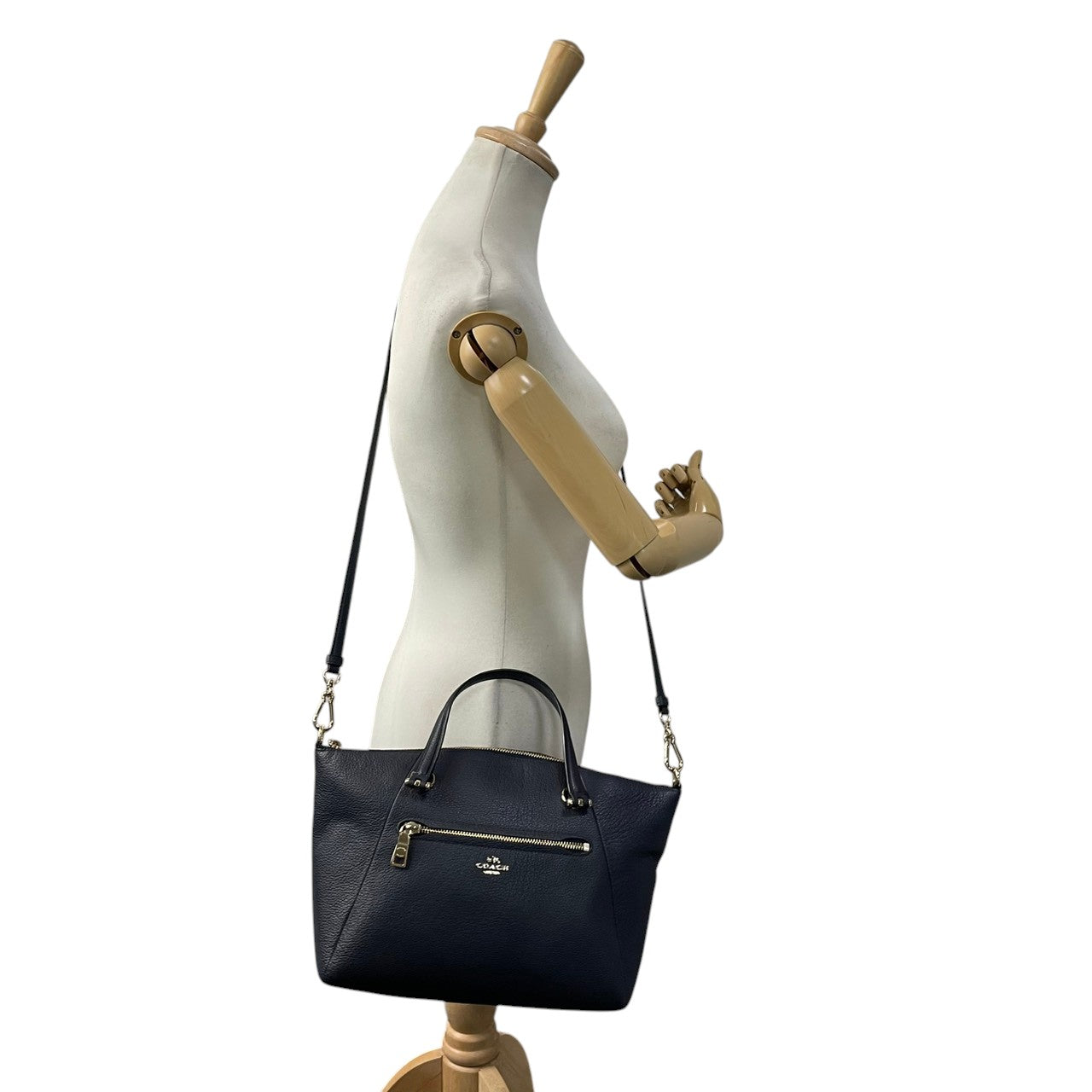 【美品】　COACH コーチ プレーリー サッチェル レザー 2WAY ハンドバッグ ショルダーバッグ ネイビー 紺色 ゴールド金具 エレガント クラシック デイリー 通勤 通学 レディース 女性 人気 定番 鞄 34340 S90