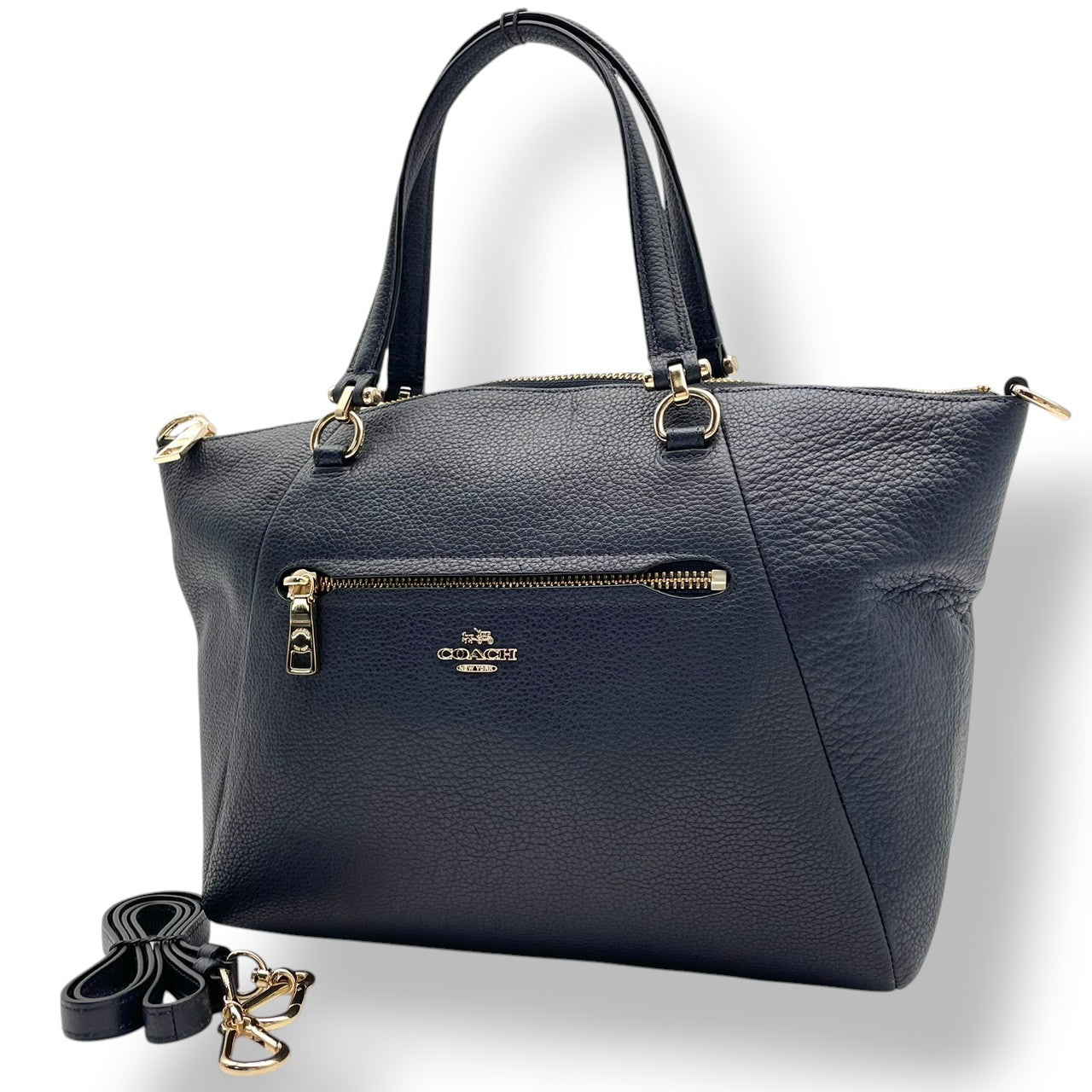 【美品】　COACH コーチ プレーリー サッチェル レザー 2WAY ハンドバッグ ショルダーバッグ ネイビー 紺色 ゴールド金具 エレガント クラシック デイリー 通勤 通学 レディース 女性 人気 定番 鞄 34340 S90