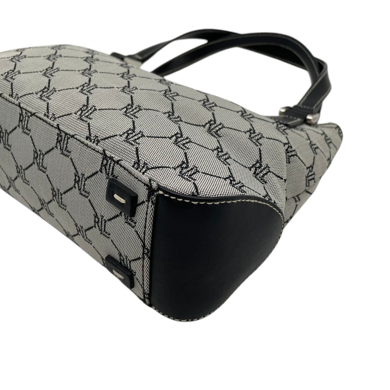 【美品】 RLL ラルフローレン RLロゴ モノグラム キャンバス レザー ハンドバッグ ミニショルダーバッグ グレー ブラック 黒 シルバー金具 エレガント クラシック スタイリッシュ カジュアル デイリー 通勤 レディース 女性 人気 定番 鞄 S90