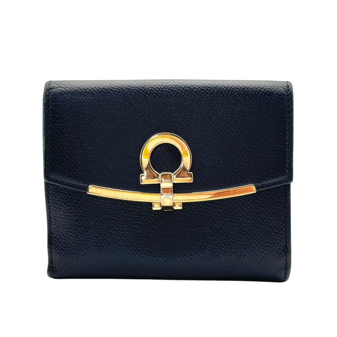 フェラガモ Salvatore Ferragamo ガンチーニ Wホック 二つ折り財布 コンパクト財布 レザー 本革 ブラック 黒 ゴールド金具 アイコン エレガント クラシック レトロ レディース 女性 人気 定番 高級感 財布 W1