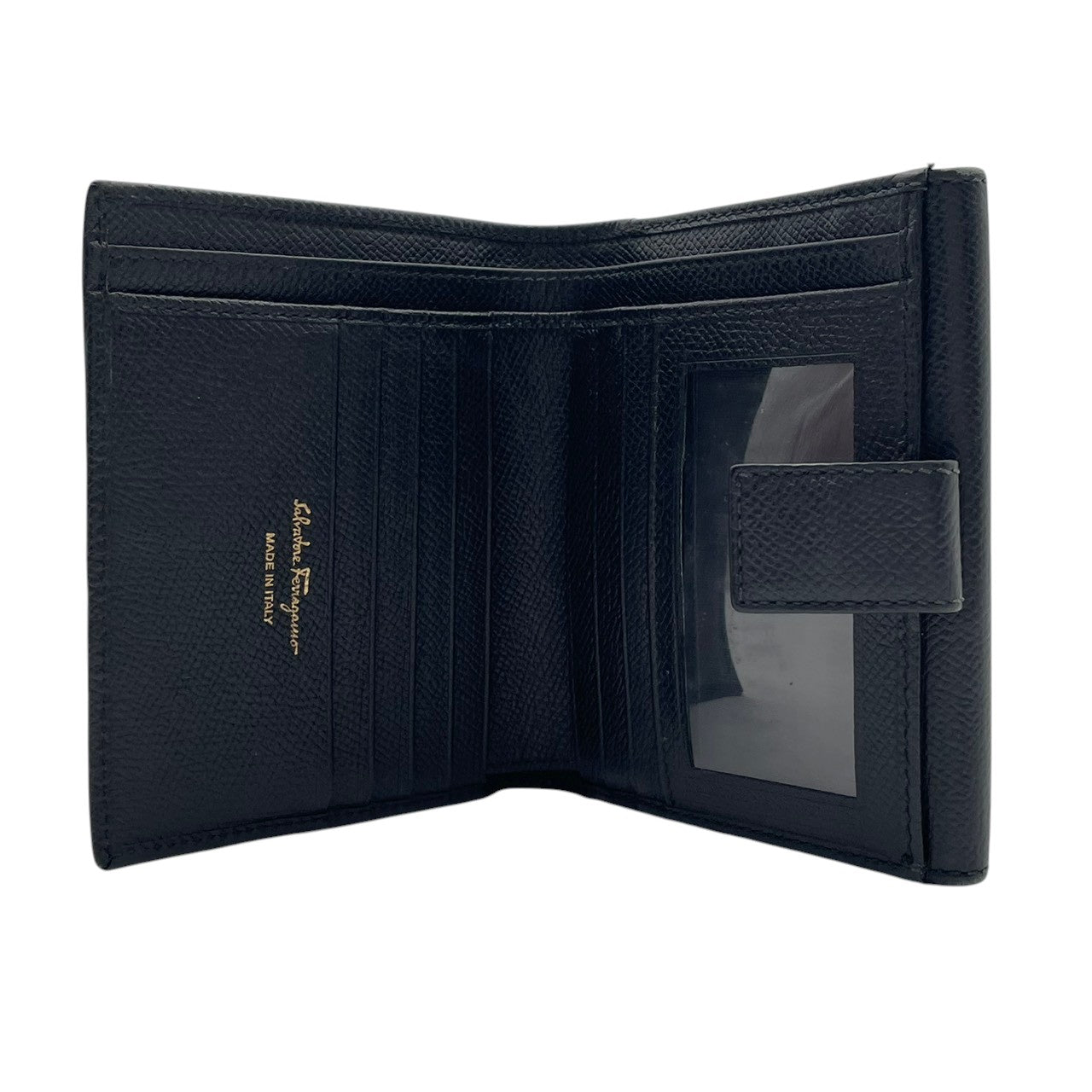 フェラガモ Salvatore Ferragamo ガンチーニ Wホック 二つ折り財布 コンパクト財布 レザー 本革 ブラック 黒 ゴールド金具 アイコン エレガント クラシック レトロ レディース 女性 人気 定番 高級感 財布 W1