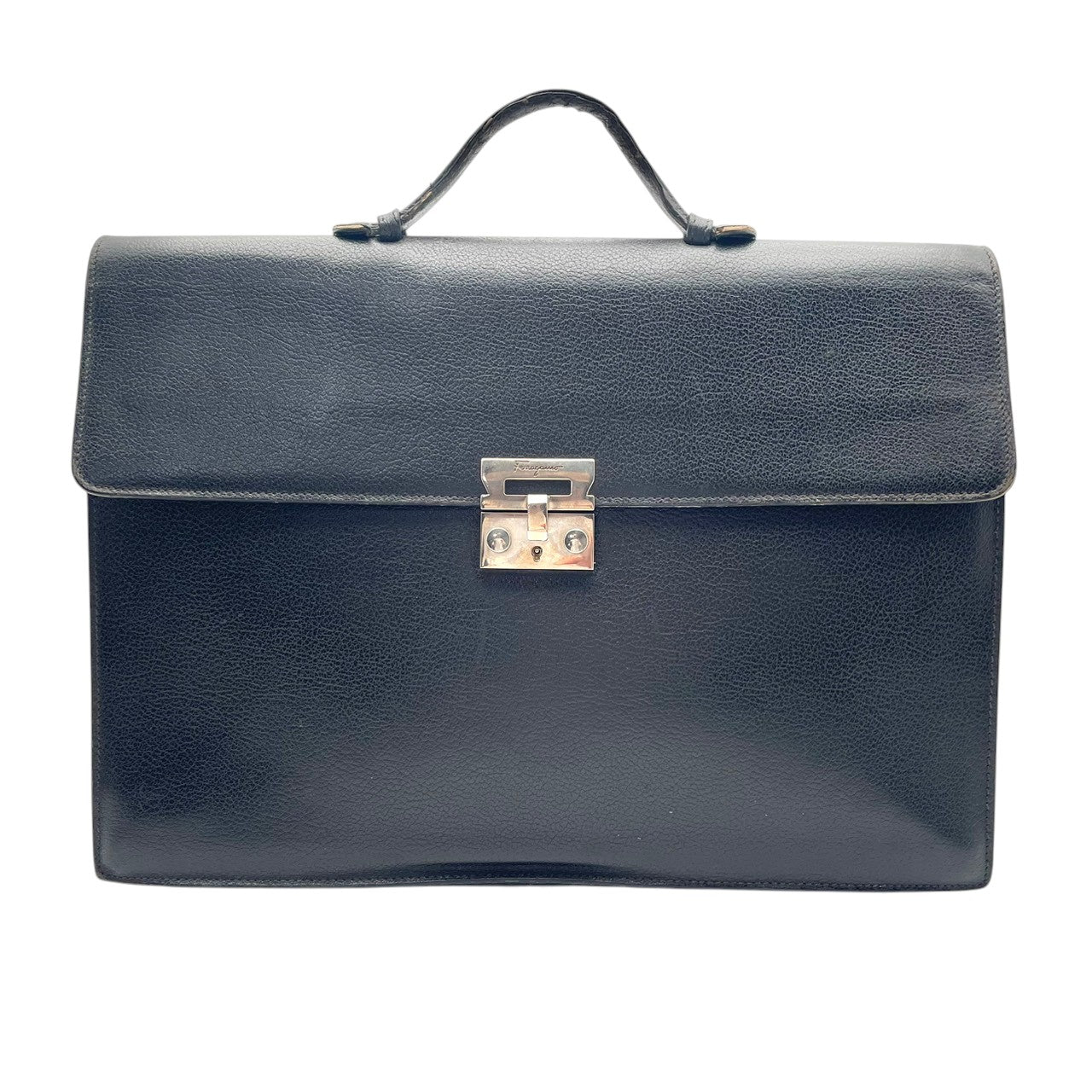 フェラガモ Salvatore Ferragamo ヴィンテージ レザー ブリーフケース ビジネスバッグ 書類鞄 手提げ A4収納 本革 ブラック 黒 シルバー金具 エレガント クラシック スタイリッシュ 通勤 ビジネス メンズ レディース S66