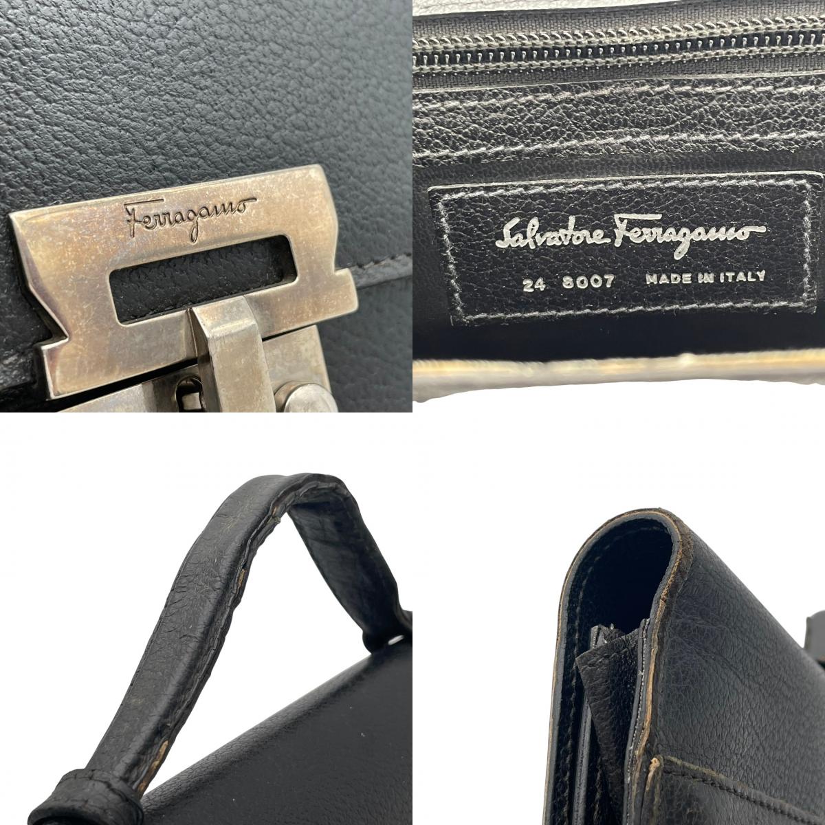 フェラガモ Salvatore Ferragamo ヴィンテージ レザー ブリーフケース ビジネスバッグ 書類鞄 手提げ A4収納 本革 ブラック 黒 シルバー金具 エレガント クラシック スタイリッシュ 通勤 ビジネス メンズ レディース S66