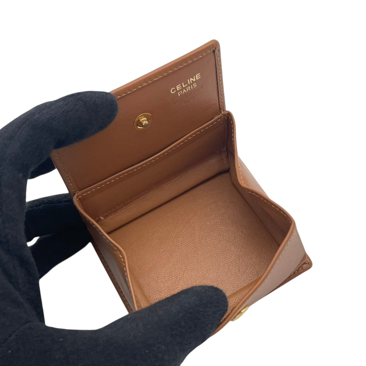【極美品】セリーヌ CELINE マカダム柄 トリオンフ コンパクト財布 折り財布 ミニ財布 PVC レザー キャメルブラウン ブラウン ゴールド金具 ヴィンテージ レトロ エレガント 高級感 箱付き レディース 人気 定番 W5