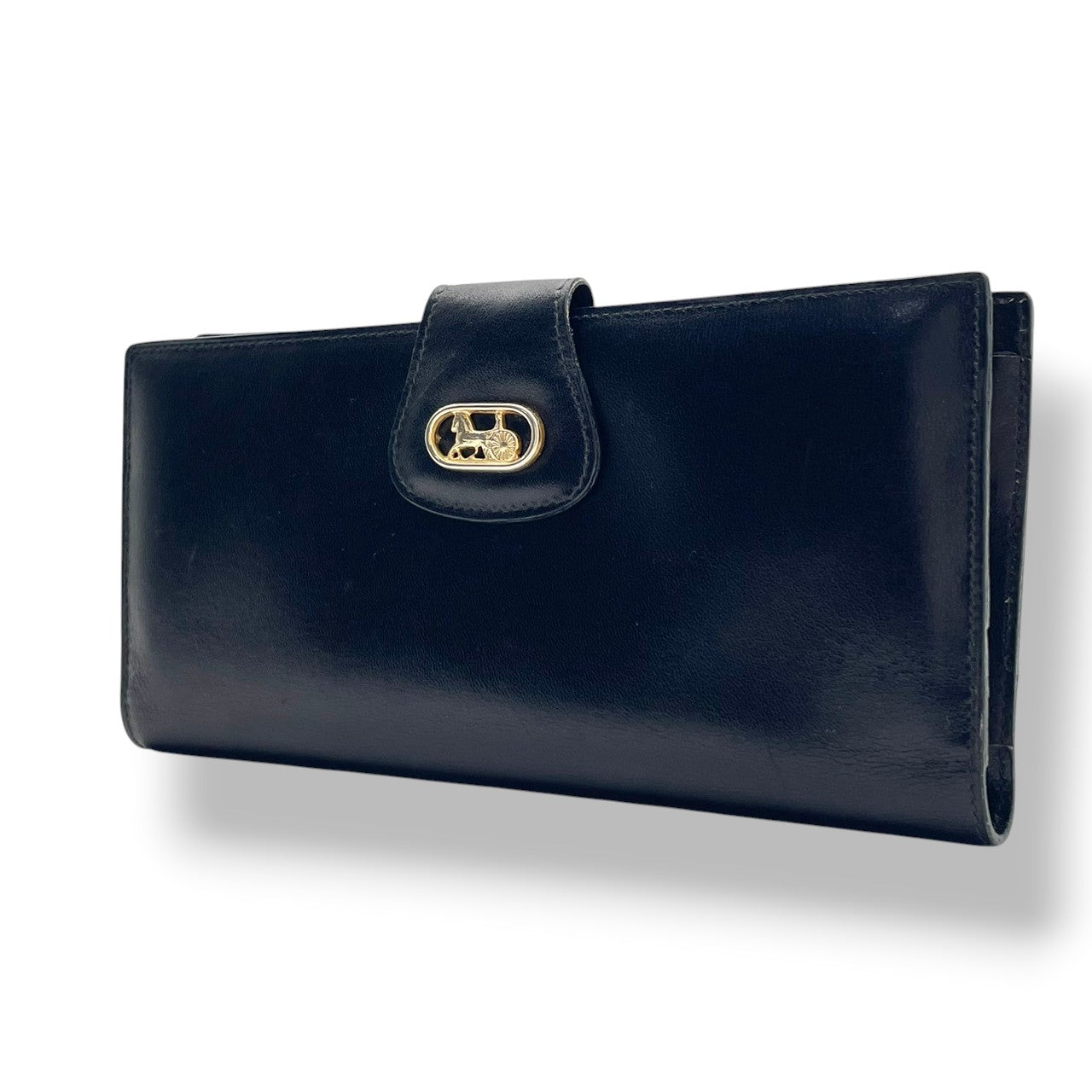 セリーヌ CELINE 馬車金具 ヴィンテージ レザー 二つ折り長財布 ブラック 黒 ゴールド金具 オールドセリーヌ エレガント クラシック レトロ レディース 女性 人気 定番 W5