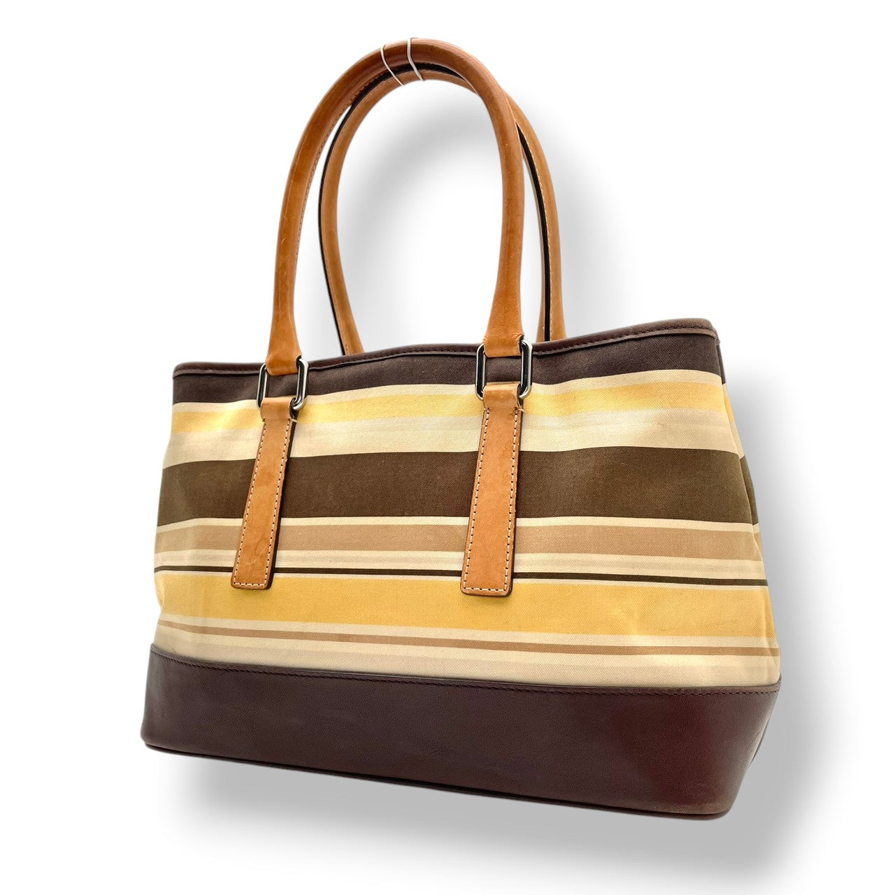 コーチ COACH ボーダー キャンバス レザー トートバッグ ハンドバッグ 手提げ ブラウン 茶色 ベージュ シルバー金具 エレガント カジュアル デイリー 通勤 通学 レディース 女性 人気 定番 7713 S68