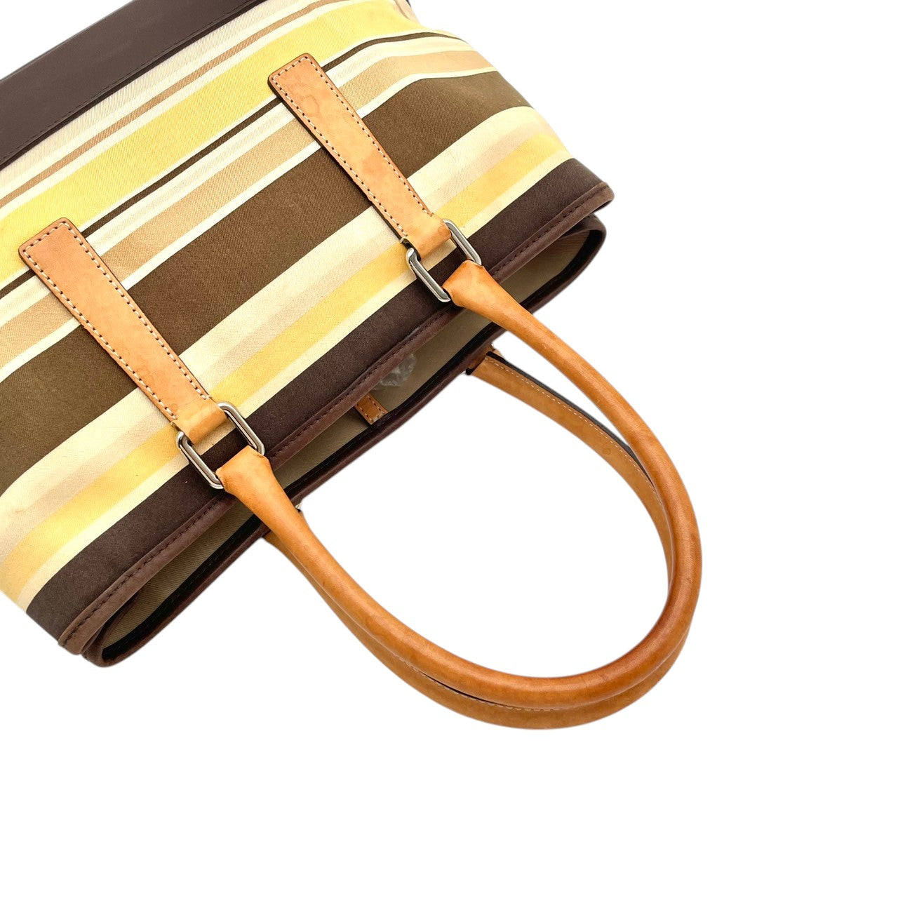 コーチ COACH ボーダー キャンバス レザー トートバッグ ハンドバッグ 手提げ ブラウン 茶色 ベージュ シルバー金具 エレガント カジュアル デイリー 通勤 通学 レディース 女性 人気 定番 7713 S68