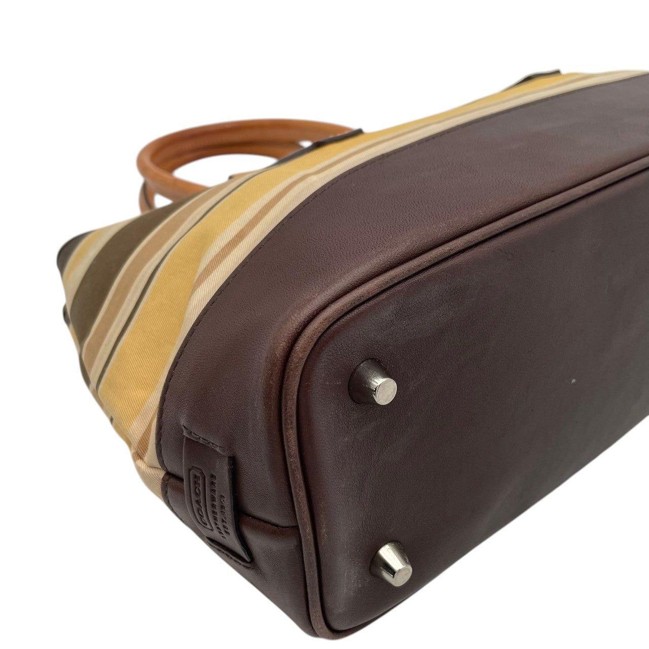 コーチ COACH ボーダー キャンバス レザー トートバッグ ハンドバッグ 手提げ ブラウン 茶色 ベージュ シルバー金具 エレガント カジュアル デイリー 通勤 通学 レディース 女性 人気 定番 7713 S68
