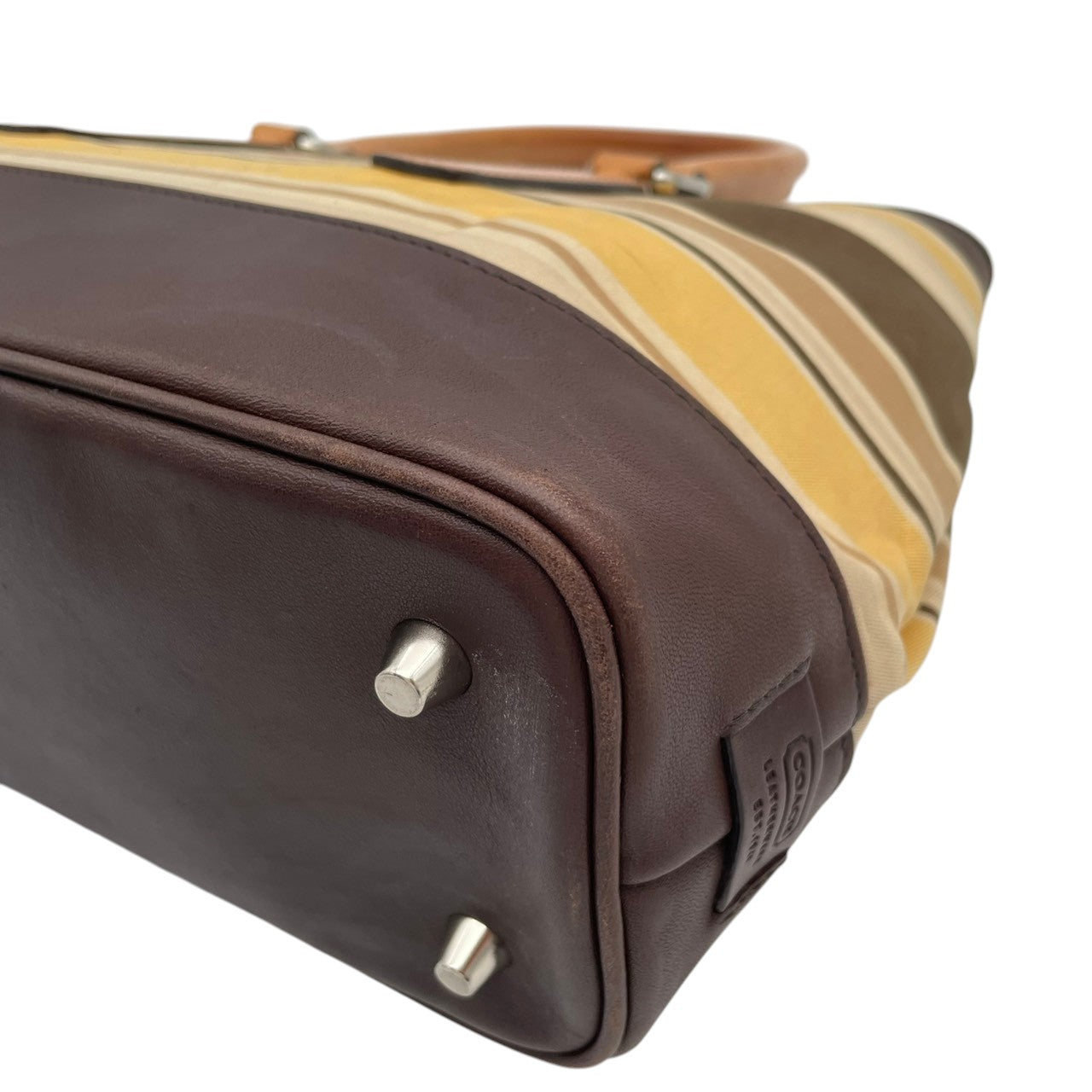 コーチ COACH ボーダー キャンバス レザー トートバッグ ハンドバッグ 手提げ ブラウン 茶色 ベージュ シルバー金具 エレガント カジュアル デイリー 通勤 通学 レディース 女性 人気 定番 7713 S68