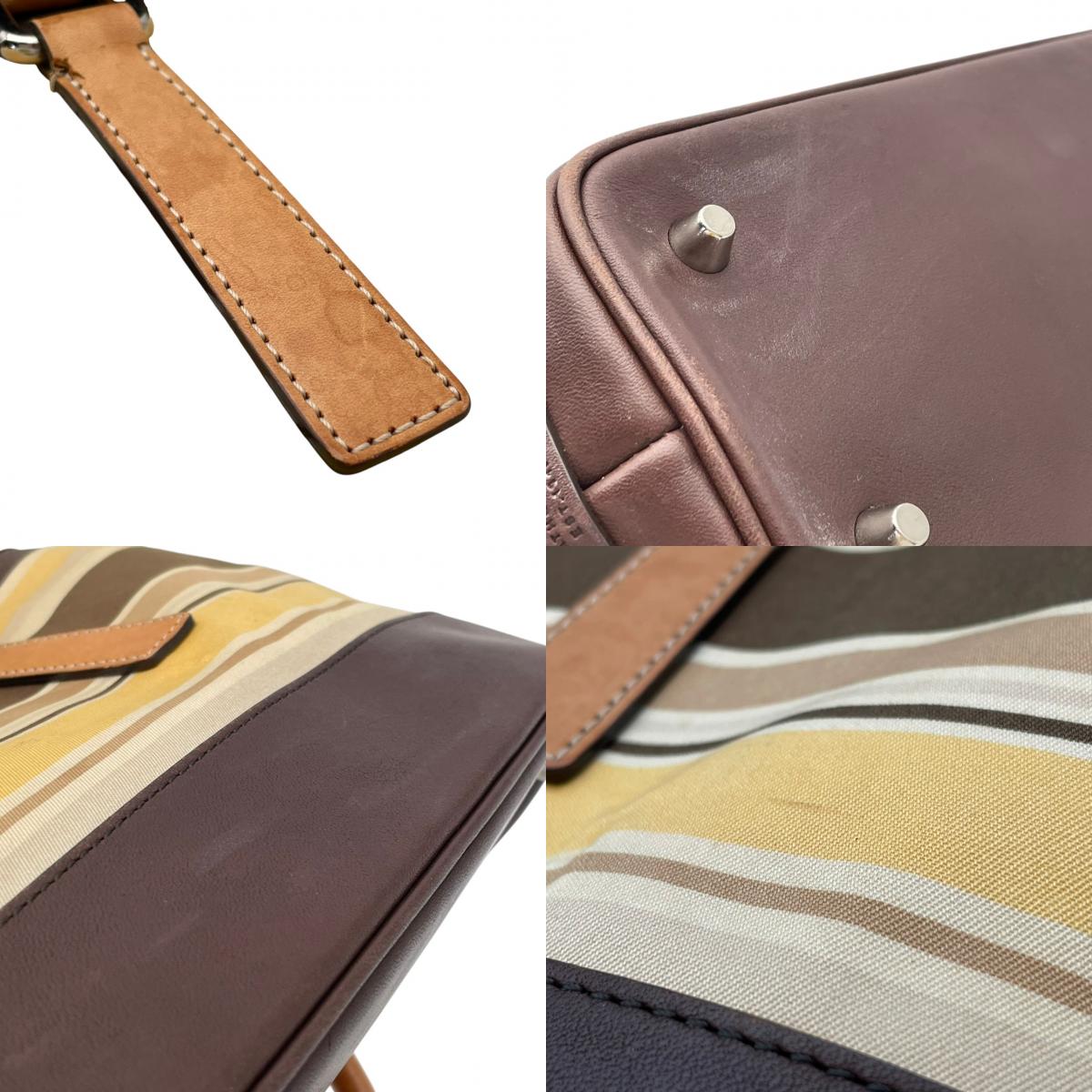 コーチ COACH ボーダー キャンバス レザー トートバッグ ハンドバッグ 手提げ ブラウン 茶色 ベージュ シルバー金具 エレガント カジュアル デイリー 通勤 通学 レディース 女性 人気 定番 7713 S68