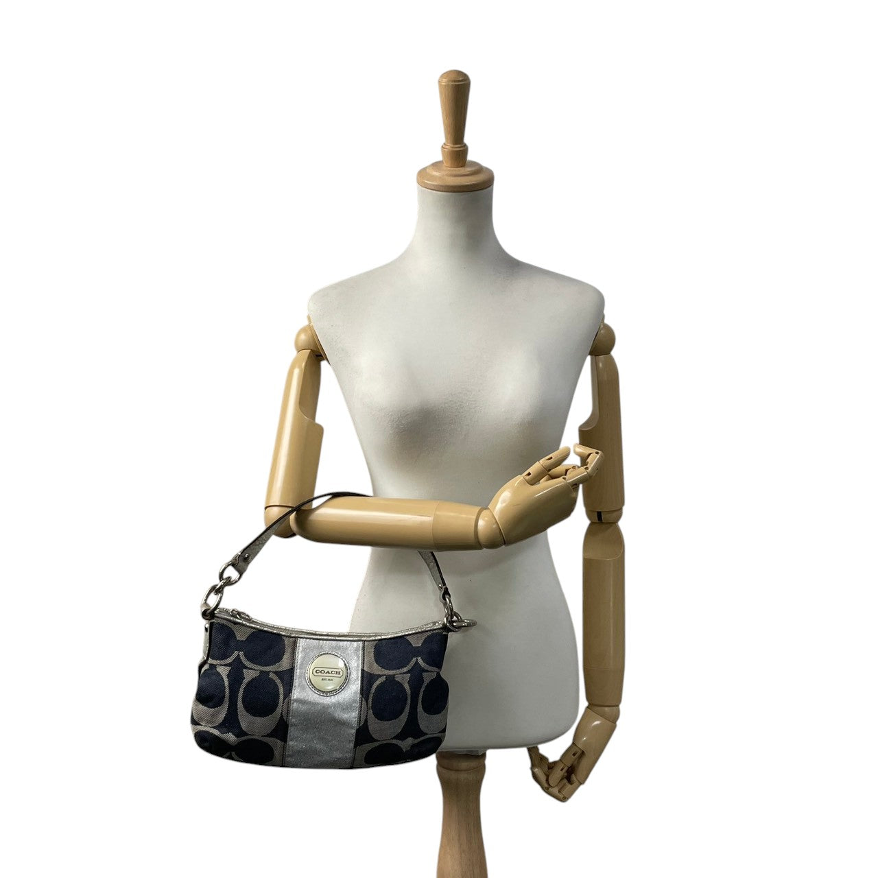 コーチ COACH シグネチャー ストライプ デミ クロスボディ ショルダーバッグ ハンドバッグ 2WAY キャンバス レザー ネイビー シルバー メタリック シルバー金具 エレガント カジュアル お出かけ レディース 女性 人気 定番 F17439 S3