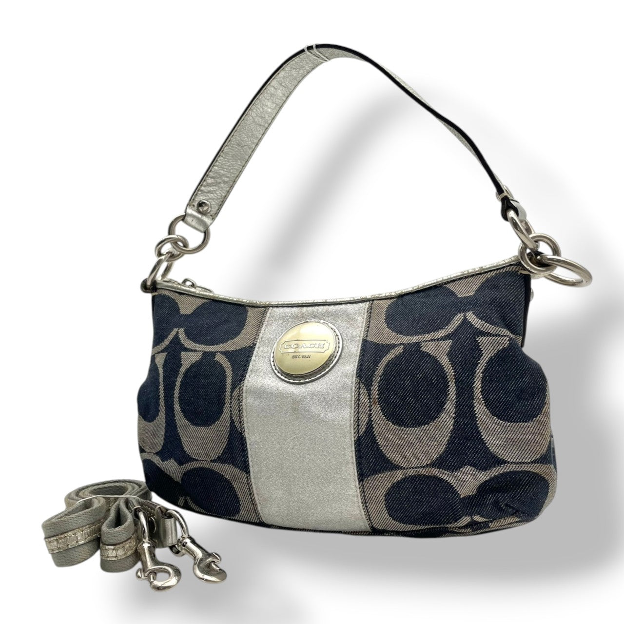 コーチ COACH シグネチャー ストライプ デミ クロスボディ ショルダーバッグ ハンドバッグ 2WAY キャンバス レザー ネイビー シルバー メタリック シルバー金具 エレガント カジュアル お出かけ レディース 女性 人気 定番 F17439 S3