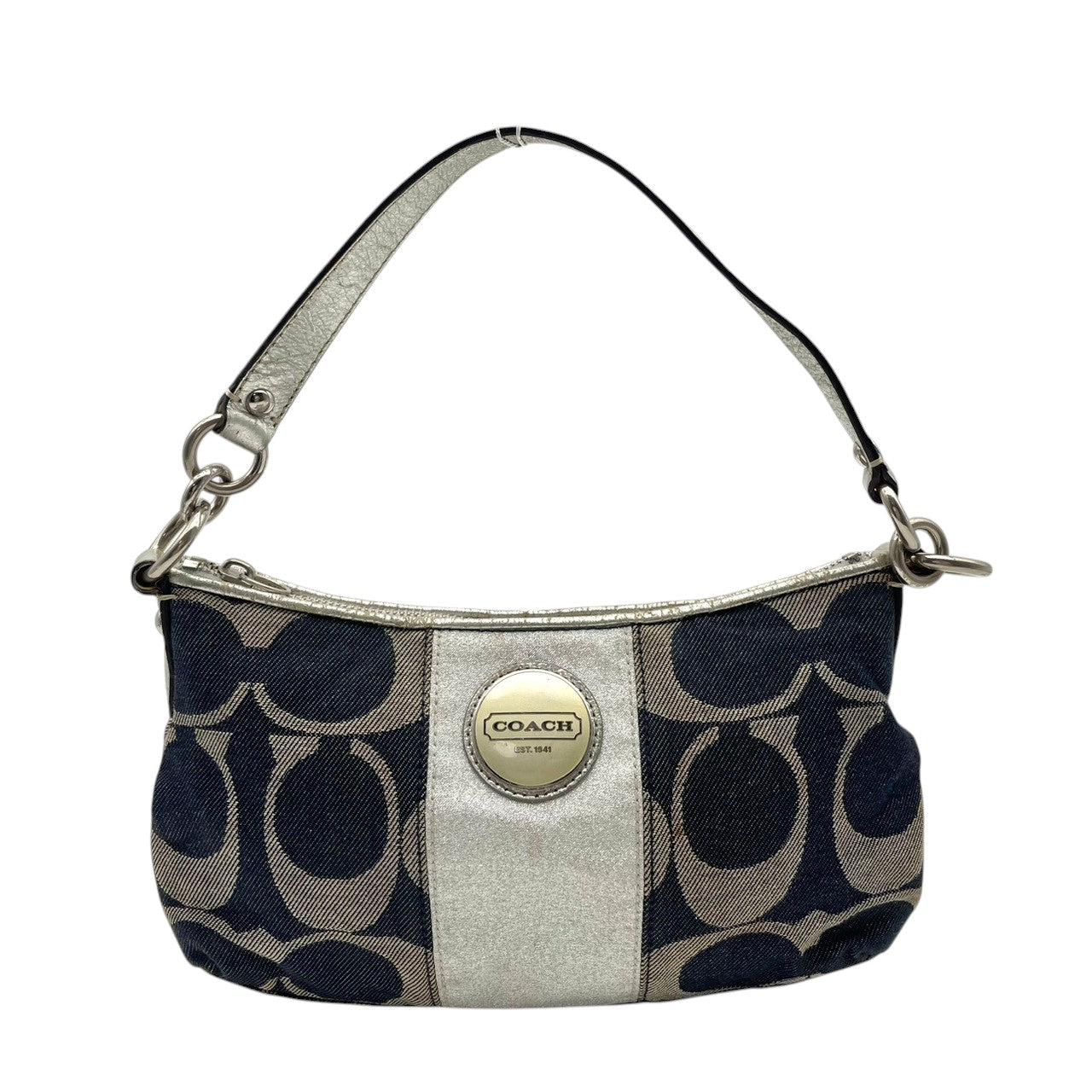 コーチ COACH シグネチャー ストライプ デミ クロスボディ ショルダーバッグ ハンドバッグ 2WAY キャンバス レザー ネイビー シルバー メタリック シルバー金具 エレガント カジュアル お出かけ レディース 女性 人気 定番 F17439 S3