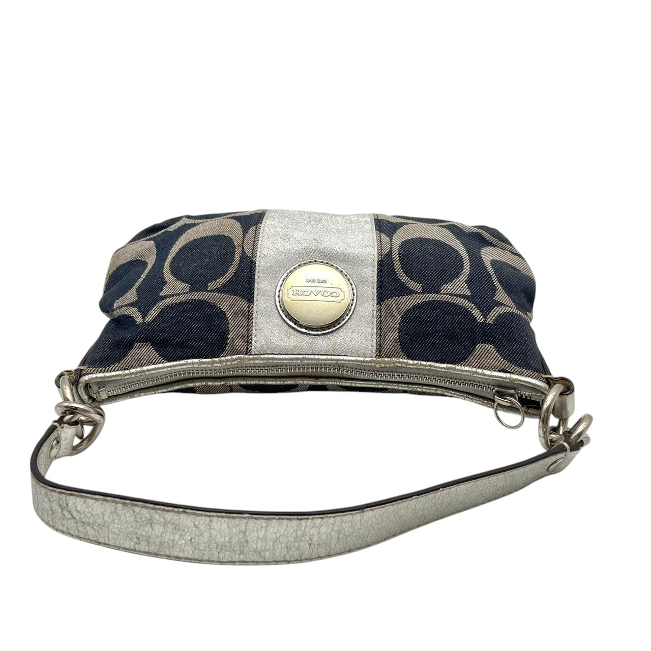 コーチ COACH シグネチャー ストライプ デミ クロスボディ ショルダーバッグ ハンドバッグ 2WAY キャンバス レザー ネイビー シルバー メタリック シルバー金具 エレガント カジュアル お出かけ レディース 女性 人気 定番 F17439 S3