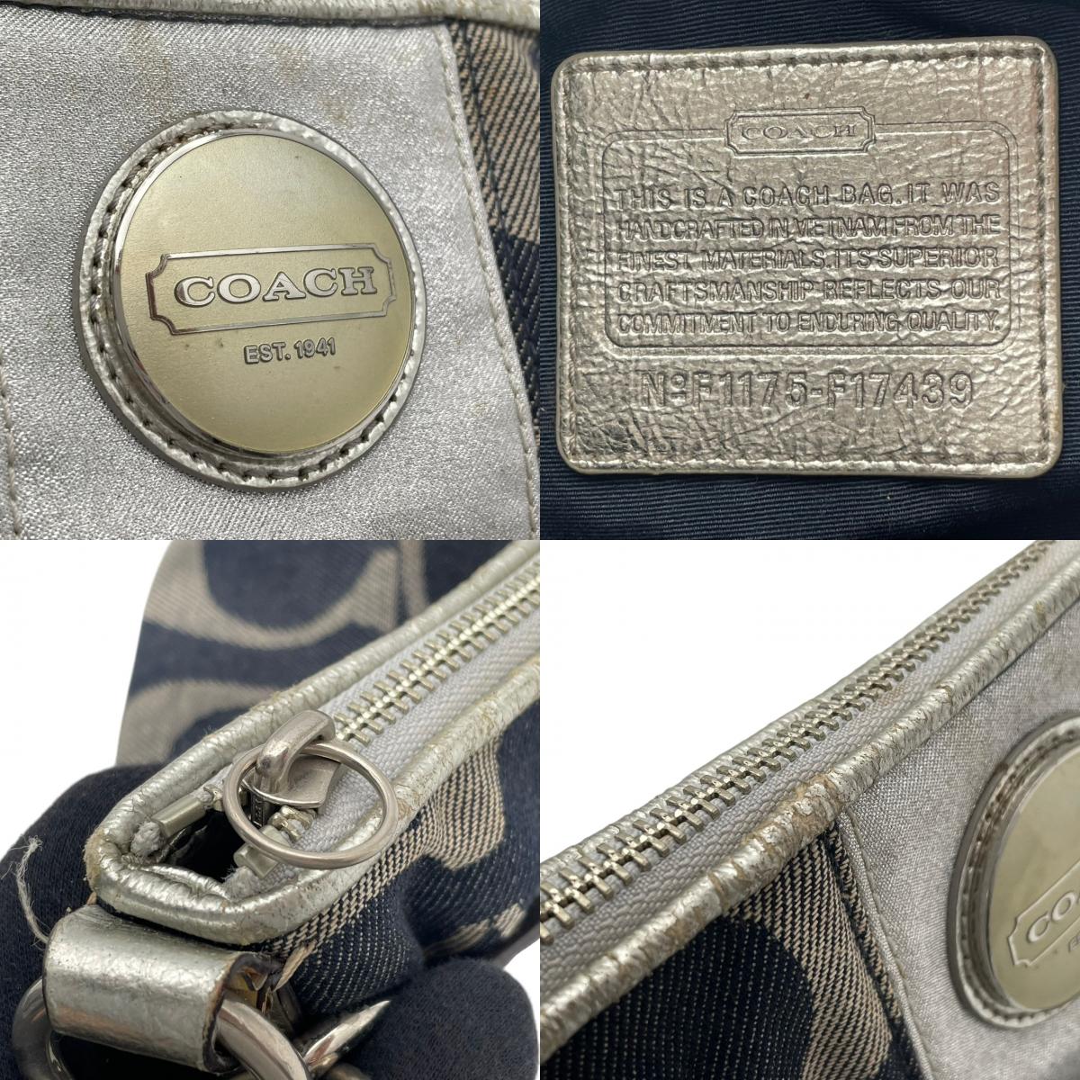 コーチ COACH シグネチャー ストライプ デミ クロスボディ ショルダーバッグ ハンドバッグ 2WAY キャンバス レザー ネイビー シルバー メタリック シルバー金具 エレガント カジュアル お出かけ レディース 女性 人気 定番 F17439 S3