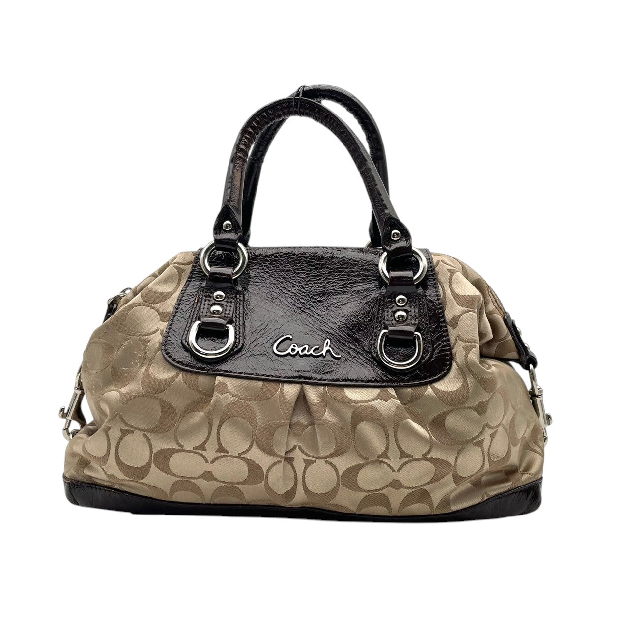 コーチ COACH アシュレイ シグネチャー サテン サッチェル 2WAY ハンドバッグ ショルダーバッグ 斜め掛け ベージュ ブラウン 茶色 シルバー金具 エレガント カジュアル お出かけ デイリー レディース 女性 人気 定番 F15443 S3