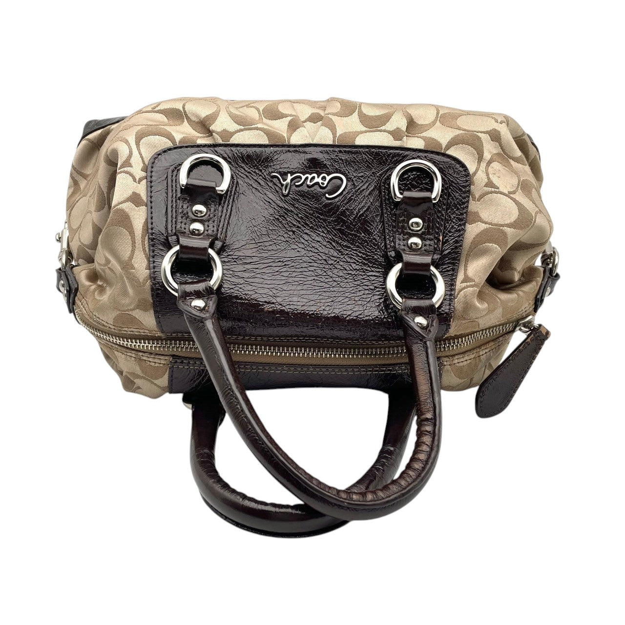 コーチ COACH アシュレイ シグネチャー サテン サッチェル 2WAY ハンドバッグ ショルダーバッグ 斜め掛け ベージュ ブラウン 茶色 シルバー金具 エレガント カジュアル お出かけ デイリー レディース 女性 人気 定番 F15443 S3