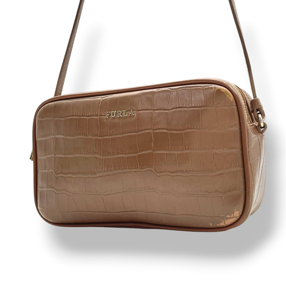 フルラ FURLA リリー LILLI ショルダーバッグ 斜め掛け ポシェット カメラバッグ ダブルジップ 型押しレザー 本革 ブラウン 茶色 ゴールド金具 エレガント カジュアル デイリー お出かけ コンパクト レディース 女性 人気 定番 S88