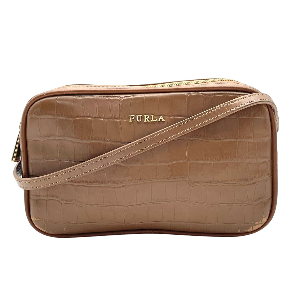 フルラ FURLA リリー LILLI ショルダーバッグ 斜め掛け ポシェット カメラバッグ ダブルジップ 型押しレザー 本革 ブラウン 茶色 ゴールド金具 エレガント カジュアル デイリー お出かけ コンパクト レディース 女性 人気 定番 S88