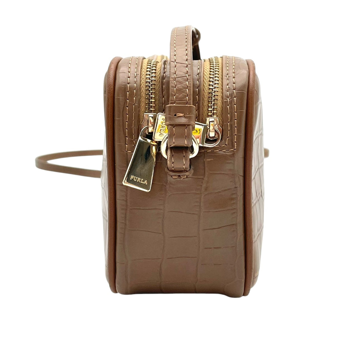 フルラ FURLA リリー LILLI ショルダーバッグ 斜め掛け ポシェット カメラバッグ ダブルジップ 型押しレザー 本革 ブラウン 茶色 ゴールド金具 エレガント カジュアル デイリー お出かけ コンパクト レディース 女性 人気 定番 S88