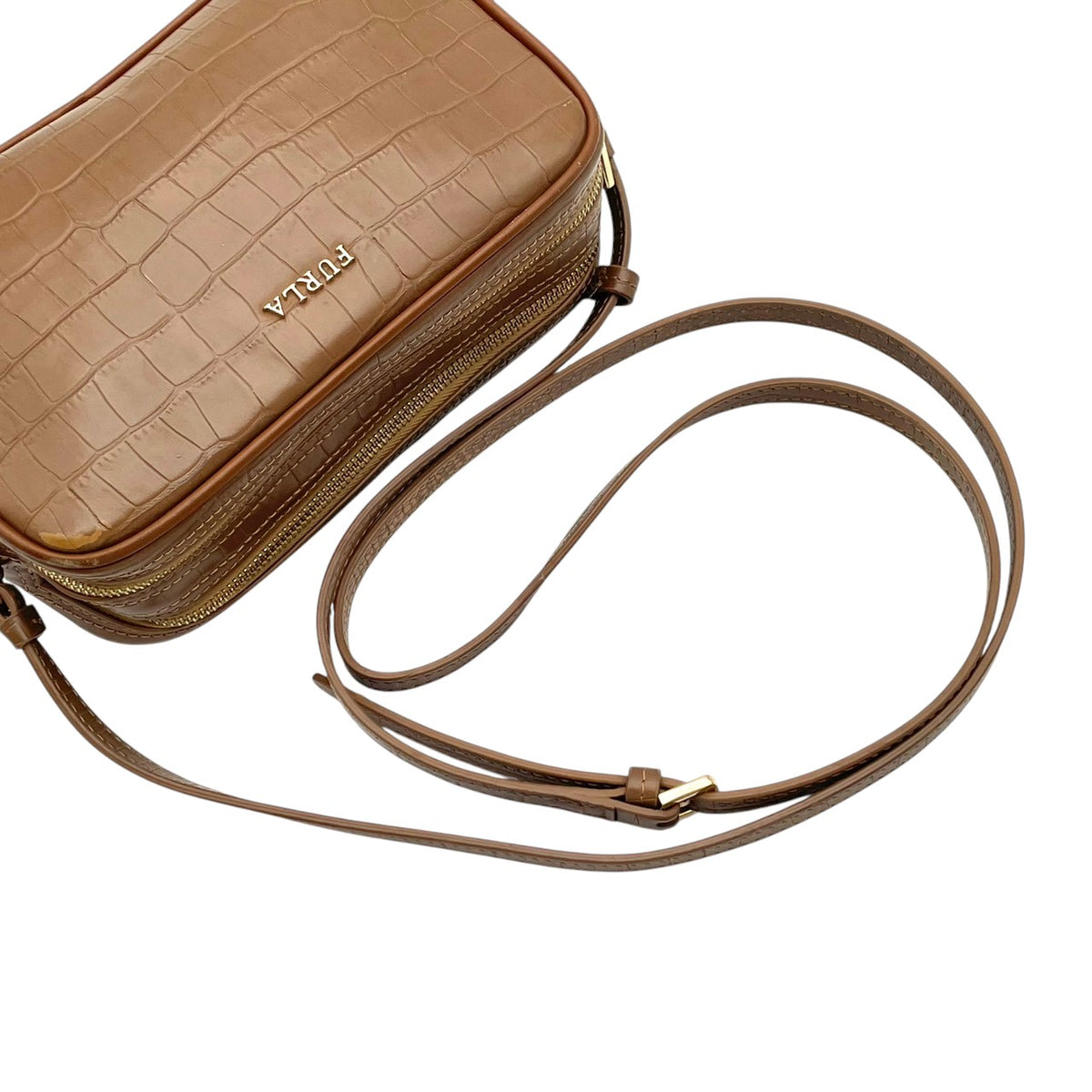 フルラ FURLA リリー LILLI ショルダーバッグ 斜め掛け ポシェット カメラバッグ ダブルジップ 型押しレザー 本革 ブラウン 茶色 ゴールド金具 エレガント カジュアル デイリー お出かけ コンパクト レディース 女性 人気 定番 S88