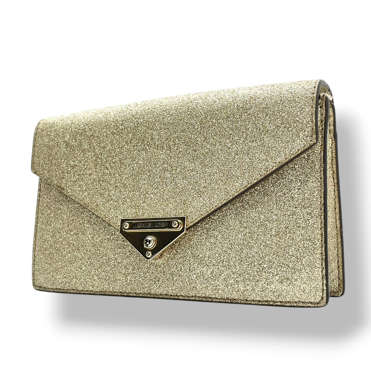 【美品】マイケルコース MICHAEL KORS GRACE グレース ミディアム エンベロープ クラッチバッグ セカンドバッグ ポーチ レザー 本革 シャンパンゴールド ゴールド金具 キラキラ 華やか パーティ フォーマル ドレスシーン レディース S79