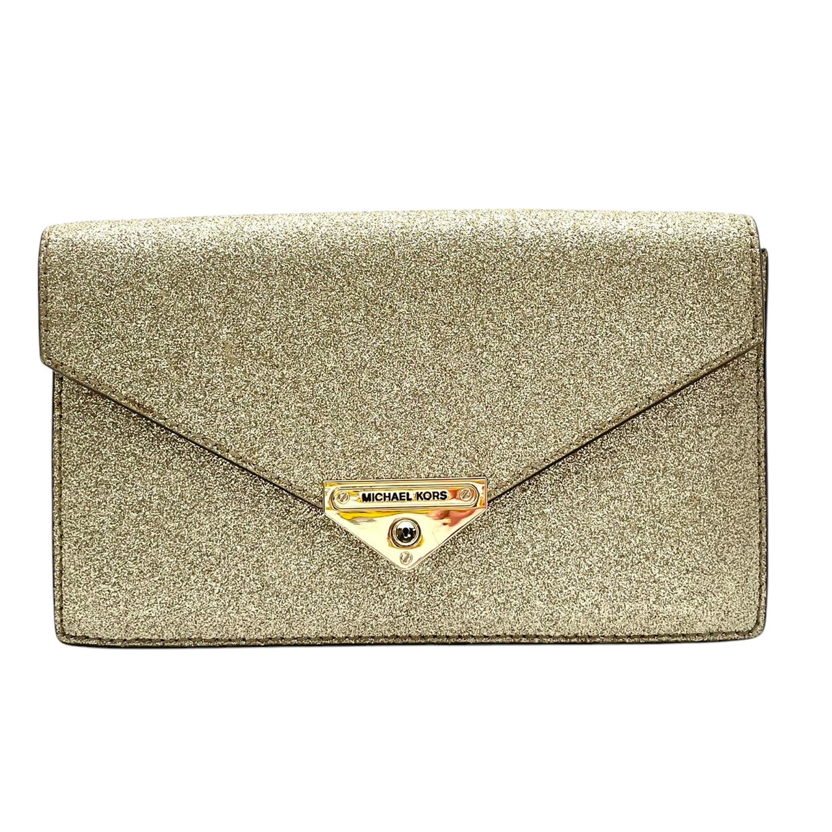 【美品】マイケルコース MICHAEL KORS GRACE グレース ミディアム エンベロープ クラッチバッグ セカンドバッグ ポーチ レザー 本革 シャンパンゴールド ゴールド金具 キラキラ 華やか パーティ フォーマル ドレスシーン レディース S79
