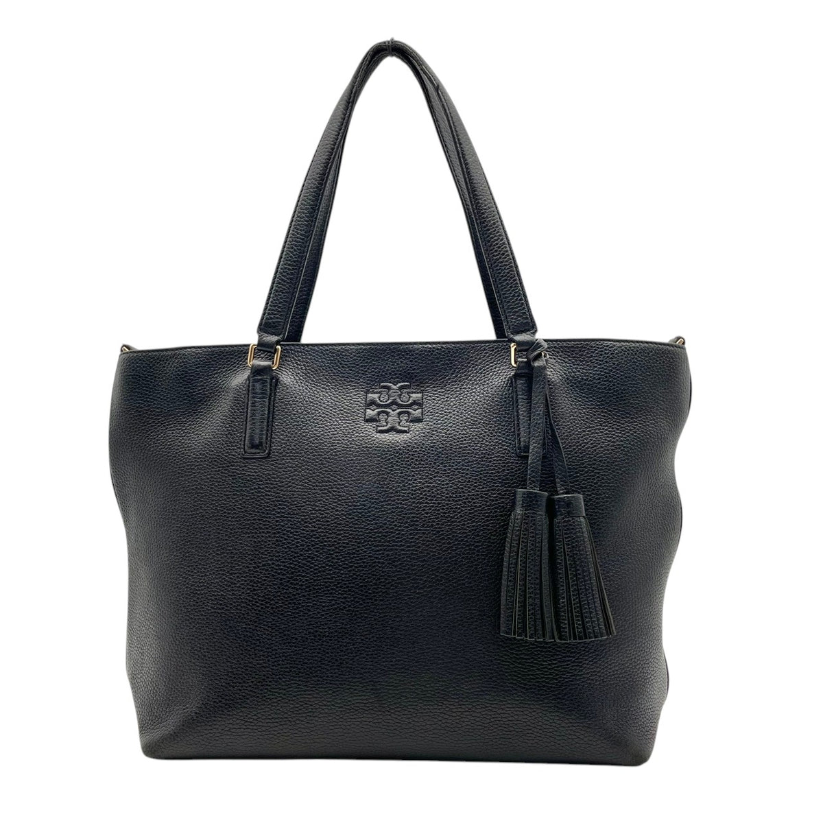 トリーバーチ TORY BURCH テア Thea トートバッグ ショルダーバッグ ハンドバッグ 肩掛け A4収納 シュリンク シボ革 レザー 本革 ブラック 黒 タッセルチャーム エンボスロゴ 通勤 通学 大容量 レディース S79