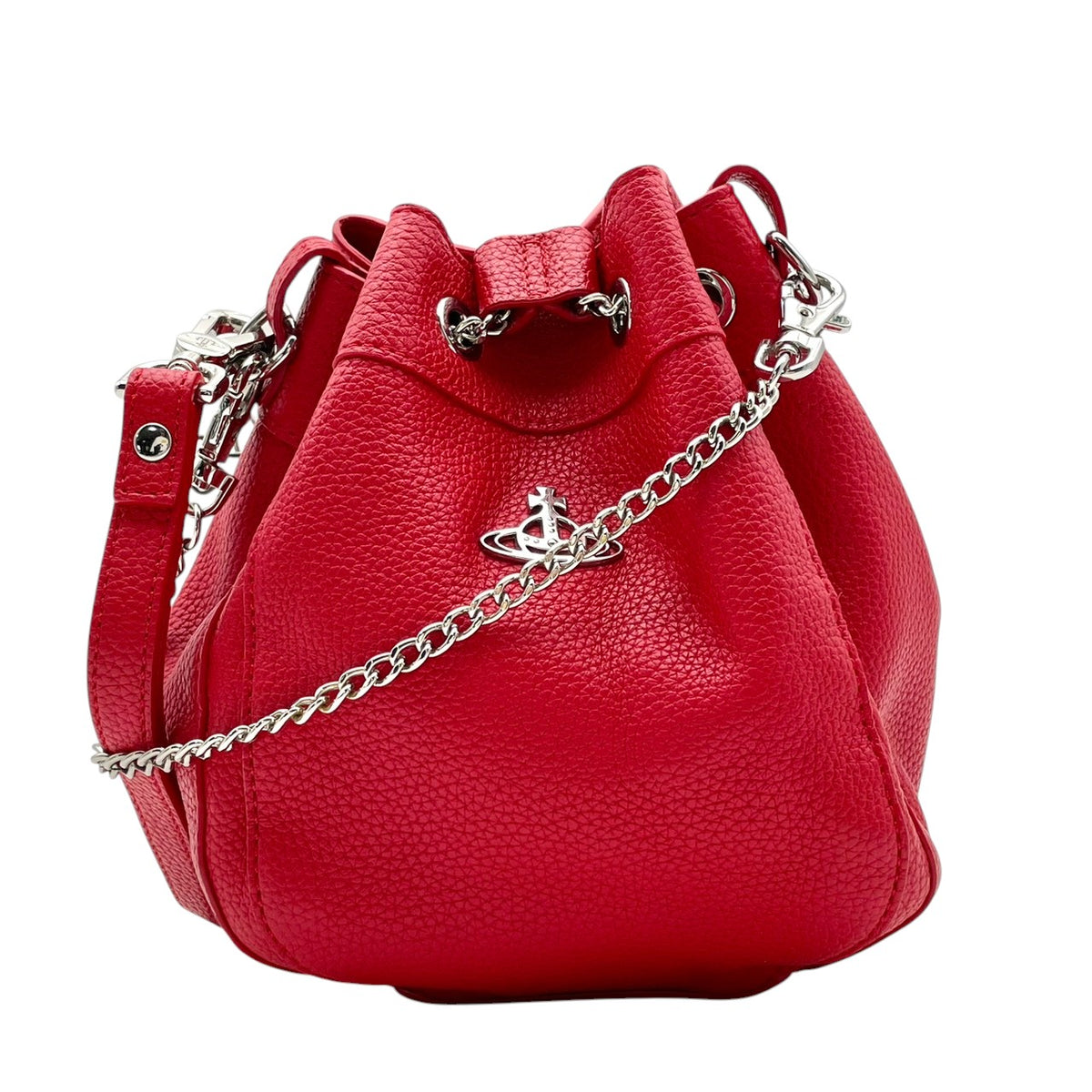 ヴィヴィアンウエストウッド Vivienne Westwood Chrissy クリッシー スモール バケットバッグ ショルダーバッグ 斜め掛け 巾着 ヴィーガンレザー 本革 ローズレッド 赤系 シルバー金具 オーブモチーフ エレガント レディース S79