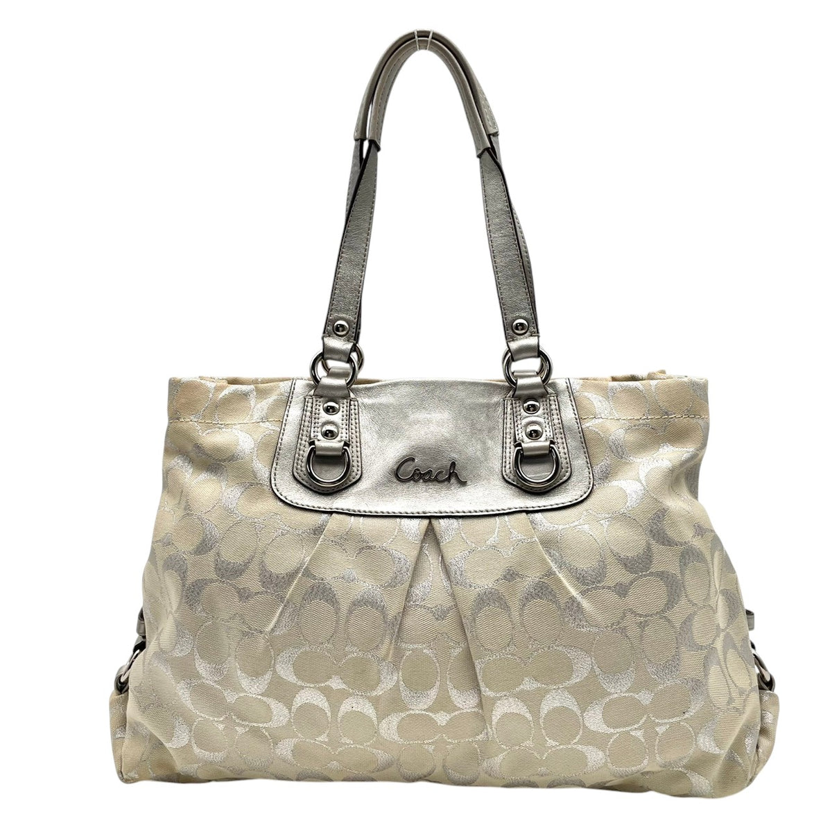 コーチ COACH シグネチャー 2WAY ショルダーバッグ トートバッグ ハンドバッグ 斜め掛け 肩掛け キャンバス レザー 本革 アイボリー シルバー 銀色 メタリック エレガント カジュアル 通勤 通学 お出かけ レディース F15807 S94