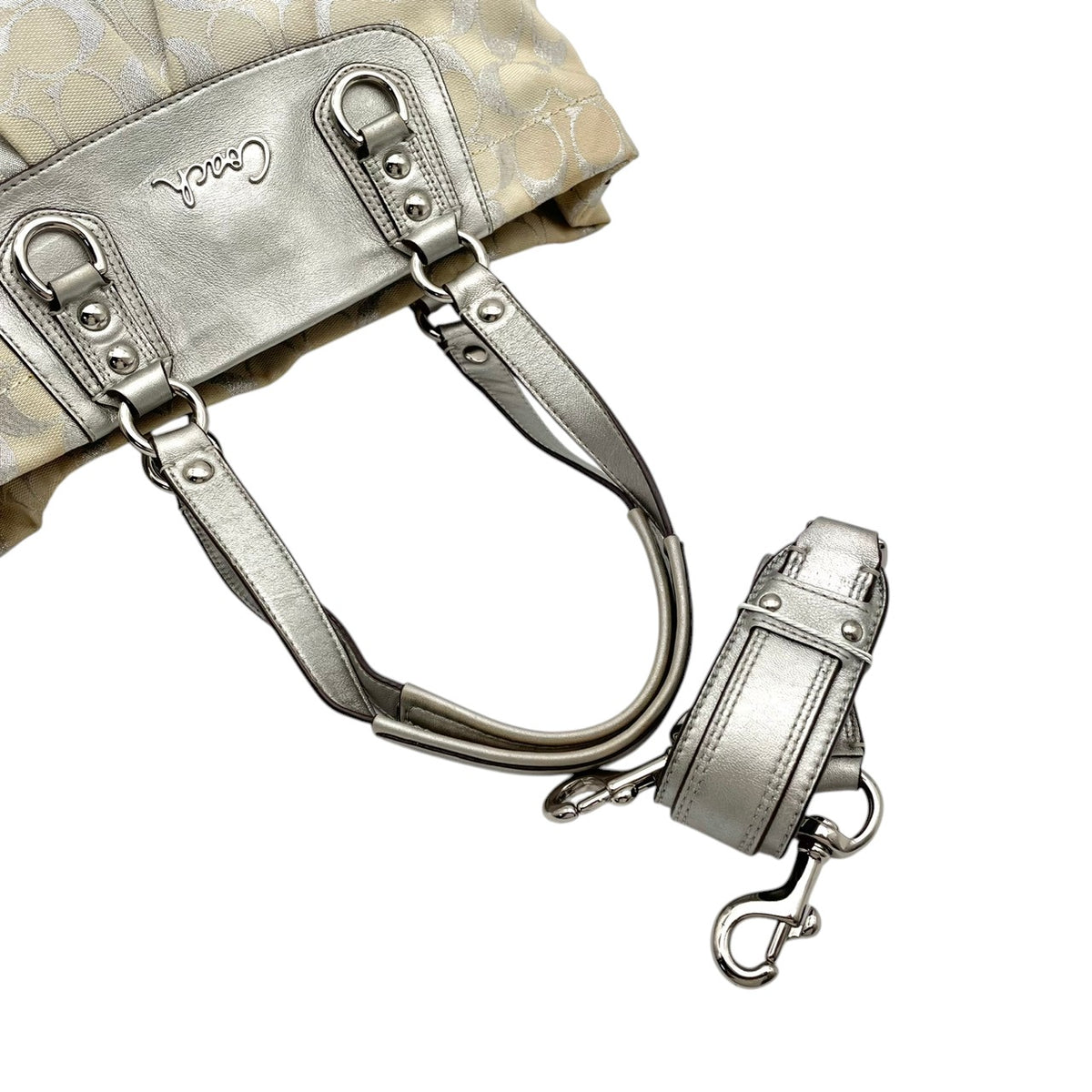 コーチ COACH シグネチャー 2WAY ショルダーバッグ トートバッグ ハンドバッグ 斜め掛け 肩掛け キャンバス レザー 本革 アイボリー シルバー 銀色 メタリック エレガント カジュアル 通勤 通学 お出かけ レディース F15807 S94