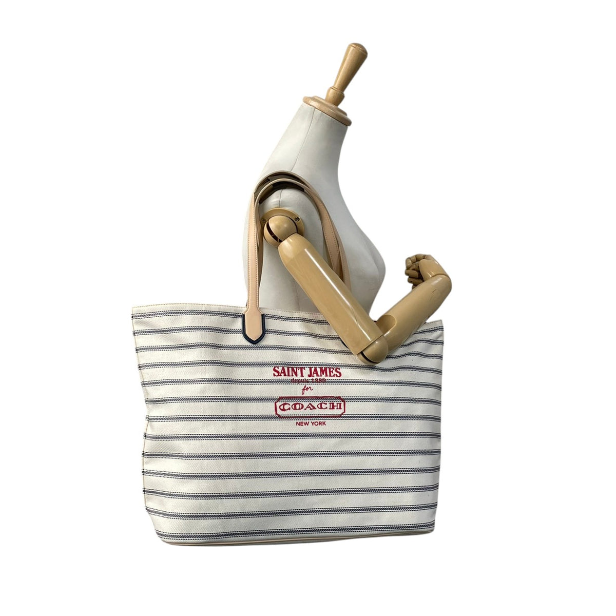 コーチ COACH セントジェームス SAINT JAMES レガシー ウィークエンド コラボ トートバッグ ショルダーバッグ 肩掛け A4収納 大容量 ボーダー キャンバス レザー アイボリー ネイビー 紺 赤ロゴ 23478 S94