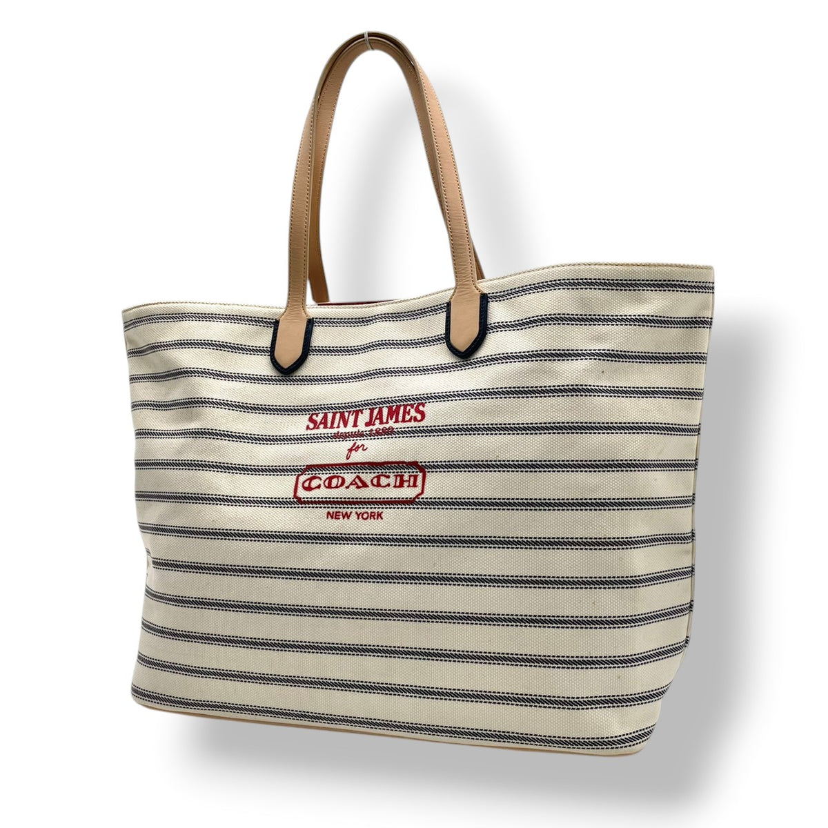 コーチ COACH セントジェームス SAINT JAMES レガシー ウィークエンド コラボ トートバッグ ショルダーバッグ 肩掛け A4収納 大容量 ボーダー キャンバス レザー アイボリー ネイビー 紺 赤ロゴ 23478 S94