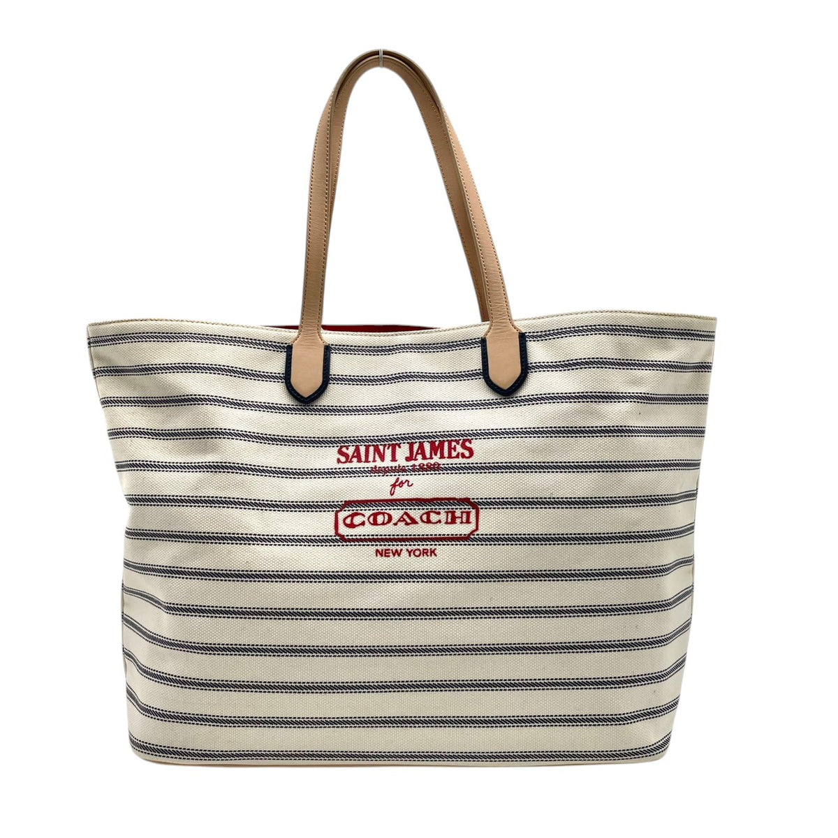 コーチ COACH セントジェームス SAINT JAMES レガシー ウィークエンド コラボ トートバッグ ショルダーバッグ 肩掛け A4収納 大容量 ボーダー キャンバス レザー アイボリー ネイビー 紺 赤ロゴ 23478 S94