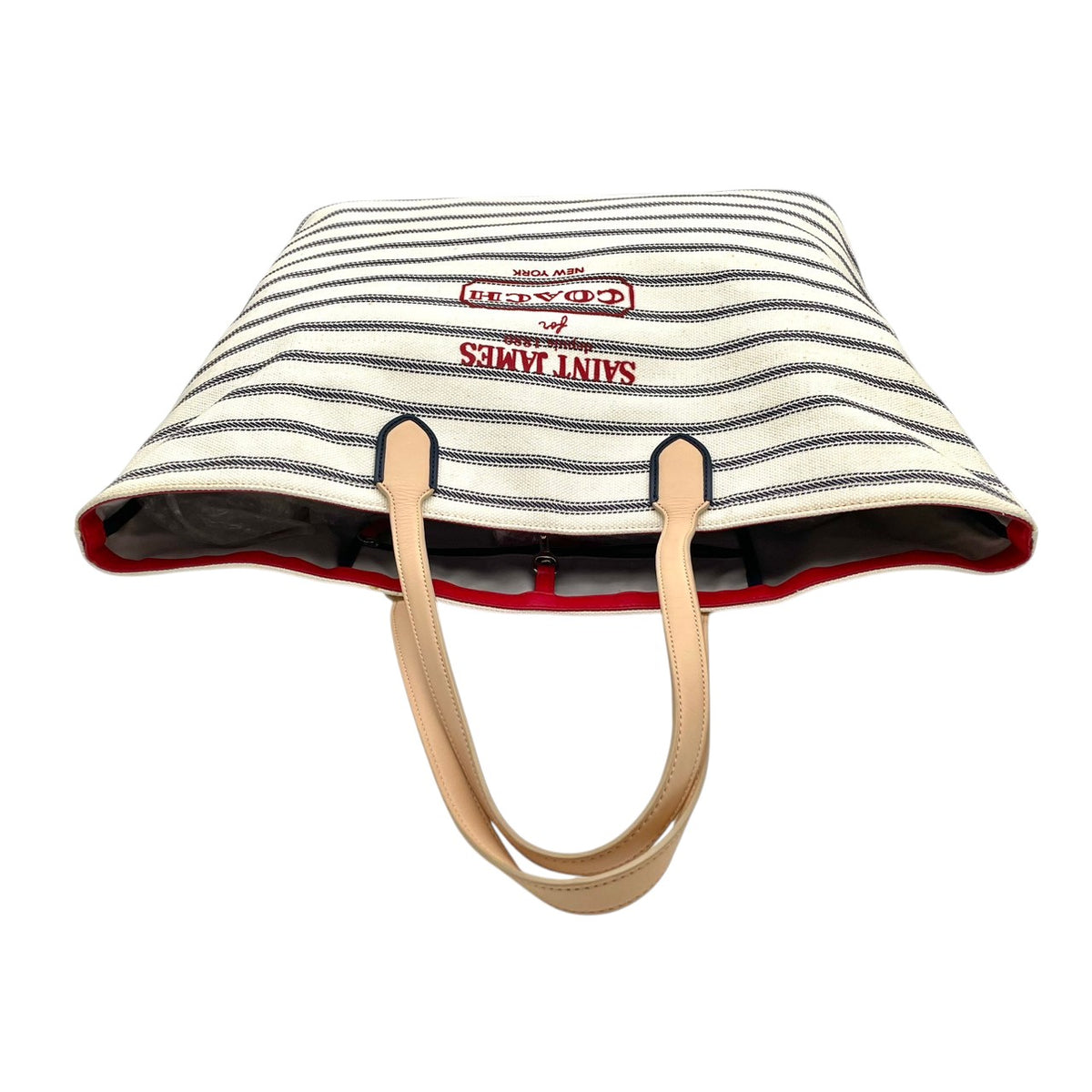 コーチ COACH セントジェームス SAINT JAMES レガシー ウィークエンド コラボ トートバッグ ショルダーバッグ 肩掛け A4収納 大容量 ボーダー キャンバス レザー アイボリー ネイビー 紺 赤ロゴ 23478 S94