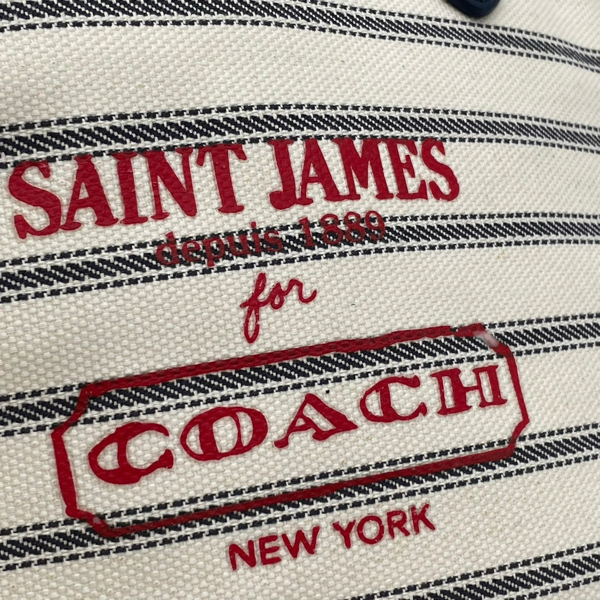 コーチ COACH セントジェームス SAINT JAMES レガシー ウィークエンド コラボ トートバッグ ショルダーバッグ 肩掛け A4収納 大容量 ボーダー キャンバス レザー アイボリー ネイビー 紺 赤ロゴ 23478 S94