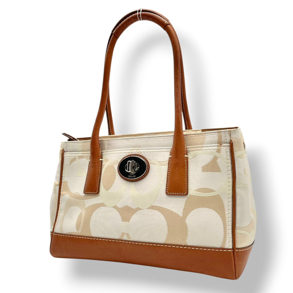 【美品】コーチ COACH マデリン オプティック シグネチャー トートバッグ ハンドバッグ 肩掛け キャンバス レザー 本革 アイボリー キャメルブラウン シルバー金具 ターンロック エレガント カジュアル 11820 S94