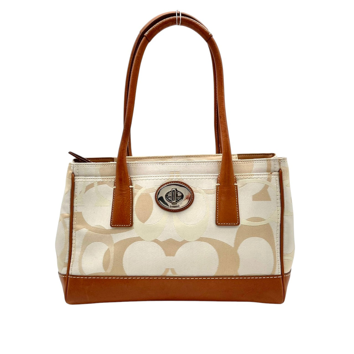 【美品】コーチ COACH マデリン オプティック シグネチャー トートバッグ ハンドバッグ 肩掛け キャンバス レザー 本革 アイボリー キャメルブラウン シルバー金具 ターンロック エレガント カジュアル 11820 S94