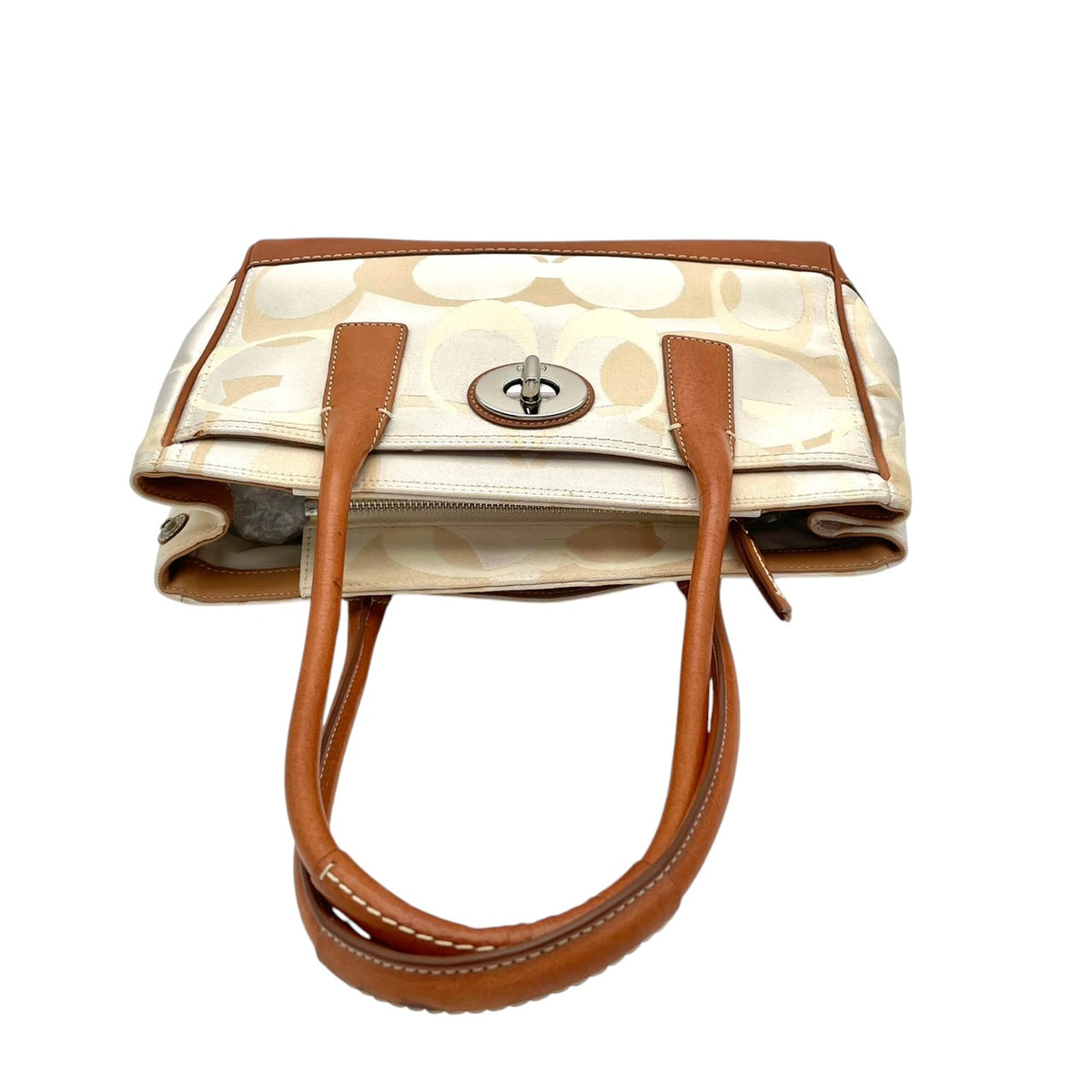 【美品】コーチ COACH マデリン オプティック シグネチャー トートバッグ ハンドバッグ 肩掛け キャンバス レザー 本革 アイボリー キャメルブラウン シルバー金具 ターンロック エレガント カジュアル 11820 S94