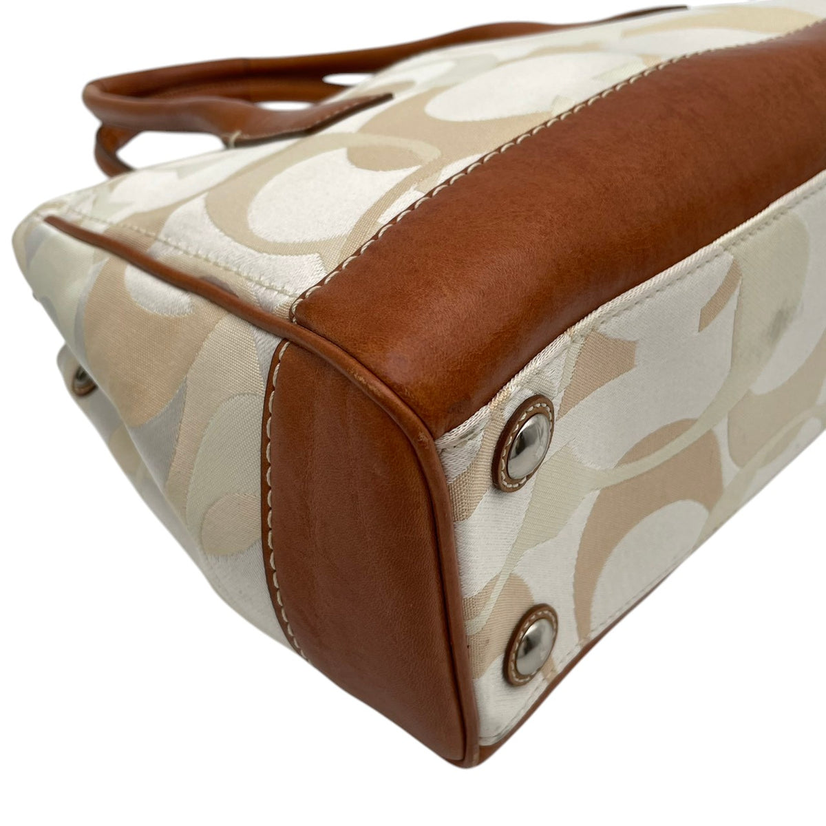 【美品】コーチ COACH マデリン オプティック シグネチャー トートバッグ ハンドバッグ 肩掛け キャンバス レザー 本革 アイボリー キャメルブラウン シルバー金具 ターンロック エレガント カジュアル 11820 S94