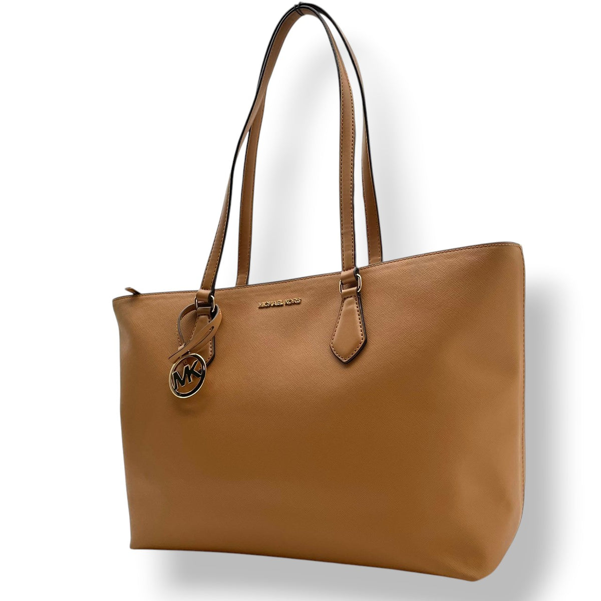 【美品】マイケルコース MICHAEL KORS SHEILA シーラ ミッドファスナー トート ラージ トートバッグ ハンドバッグ 肩掛け レザー 本革 サフィアーノ キャメルブラウン ゴールド金具 チャーム A4収納 通勤 通学 レディース S35